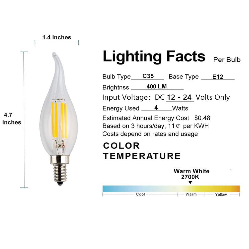 Opalray 12V Dc Dimmable Led Candelabra Bulb 4W, 2700K Warm White,