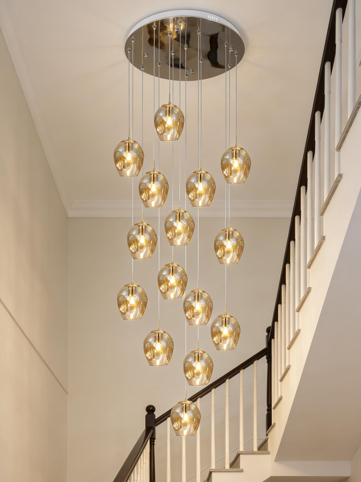 Meimond Long Chandeliers for High Ceilings Modern Crystal Balls Pendant Light Globe Raindrop Drop Lamp Flush Mount Hanging Lighting Fixtures for Spiral Staircase Foyer Entryway Living 15 Lights