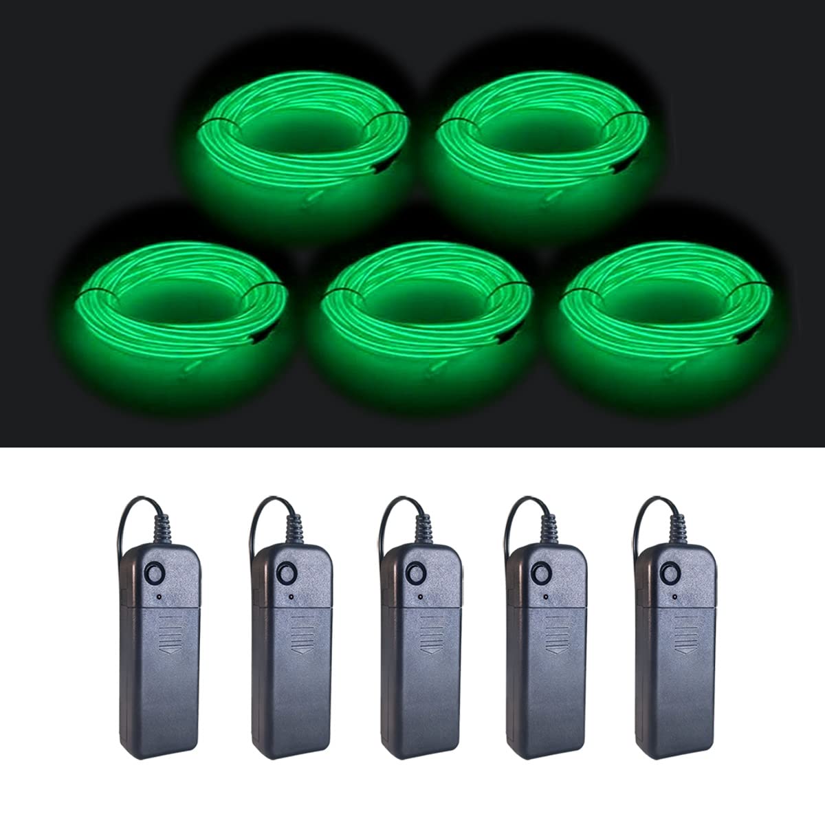 MaxLax EL Wire Green 5 Pack, 9ft/2.75m Neon Light Wire Noise Reduction with Battery Pack…
