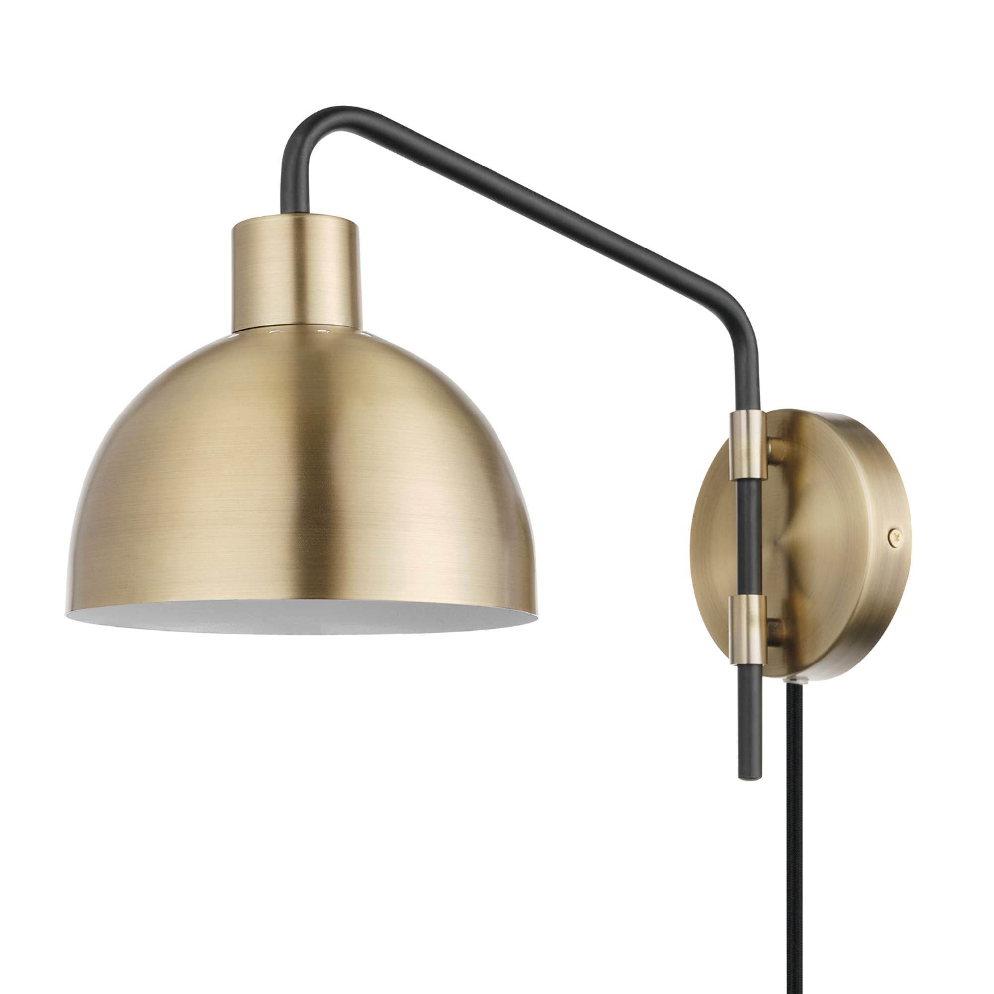 Globe Electric 51719 1-Light Plug-In Or Hardwire Wall Sconce, Antique Brass, Matte Black Accent, Fabric Cord, In-Line On/Off Swi