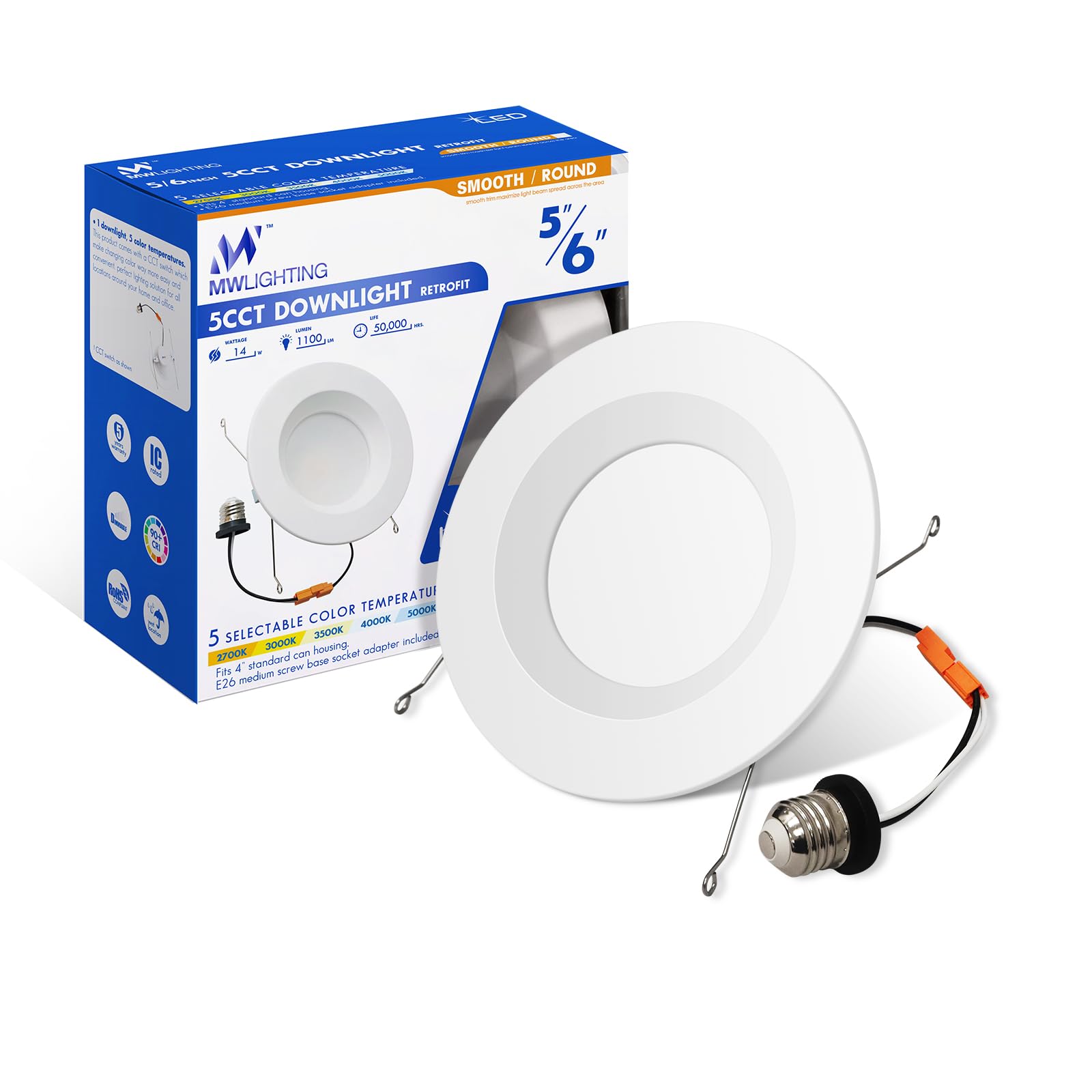 Mw Led Recessed Lighting 6 Inch Retrofit 2700K/3000K/3500K/4000K/5000K 6 Led Can Light Retrofit Smooth Trim 14W Equal 100W 1100Lm Ic & Wet Rated  Etl And California Ja8 Certified