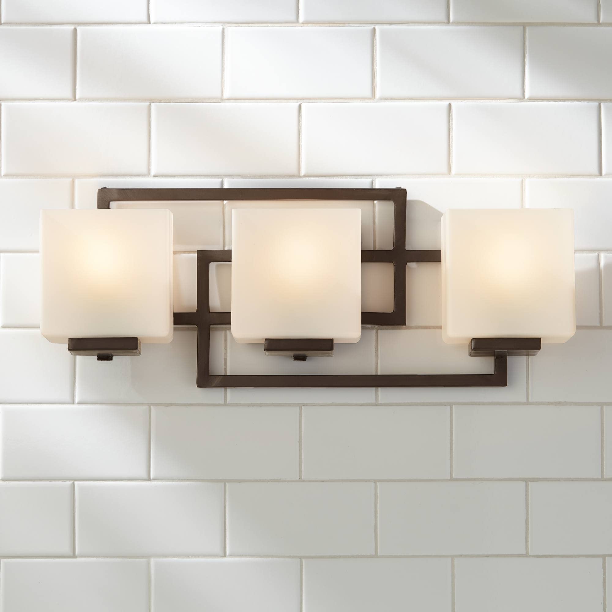 Possini Euro Design Wall Mount Light Fixture, 21in Wide, 3-Light, Bronze Metal, Geometric Opal Glass Shades, Model U2494