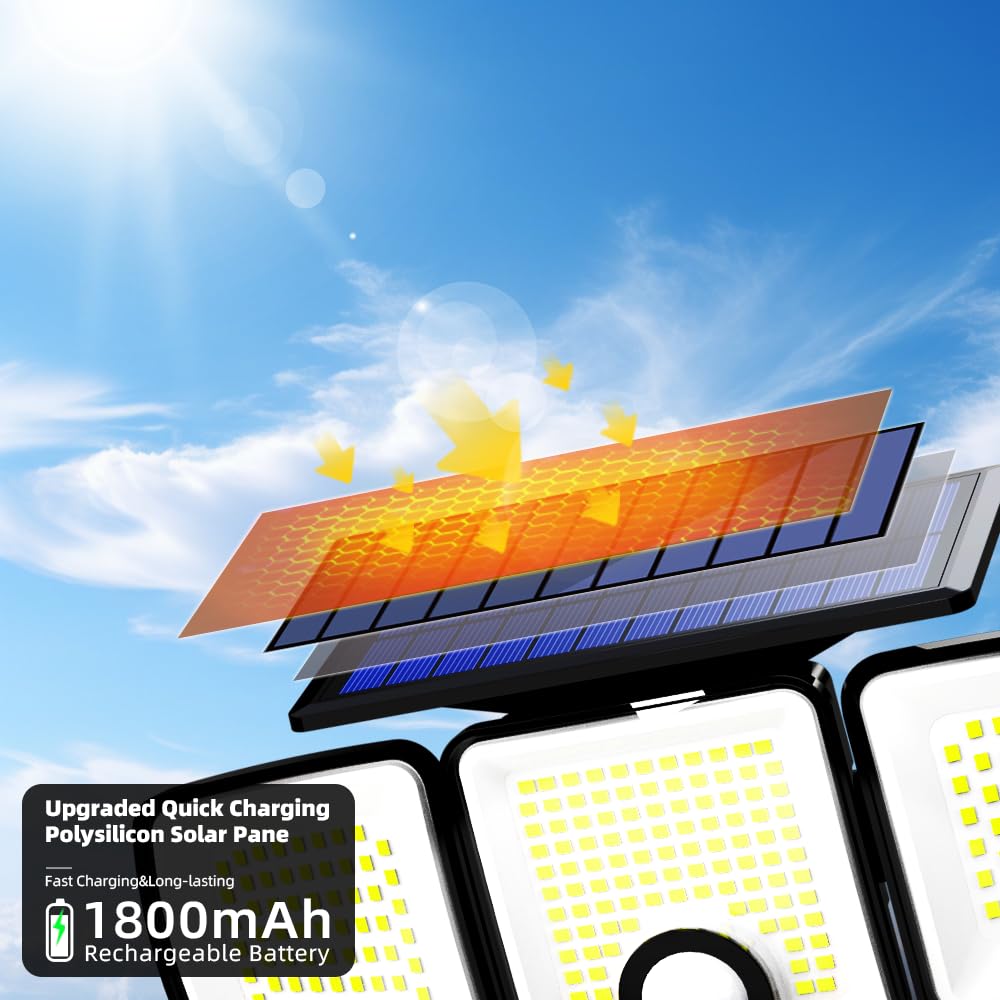 Solar Lights Outdoor With Motion Sensor, 223 Led Security Light Outdoor, Ip65 Waterproof Led Floodlight, 3 Adjustable Heads 90-3