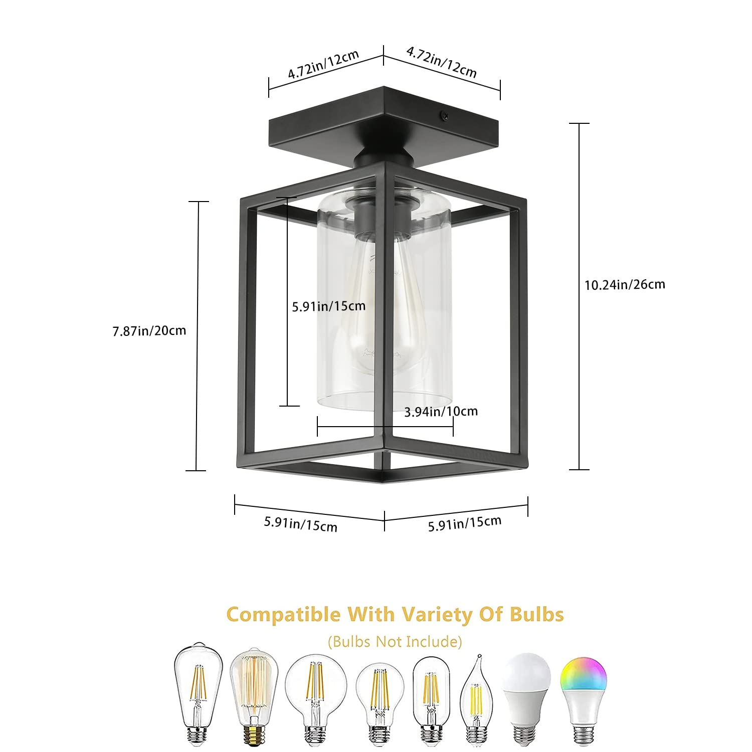 Ihengyanlt 2 Pack Semi Flush Mount Ceiling Light, Black Metal Frame With Clear Glass Shade, Farmhouse Light Fixture For Kitchen, Island, Entryway, Porch, Foyer, Dining Room