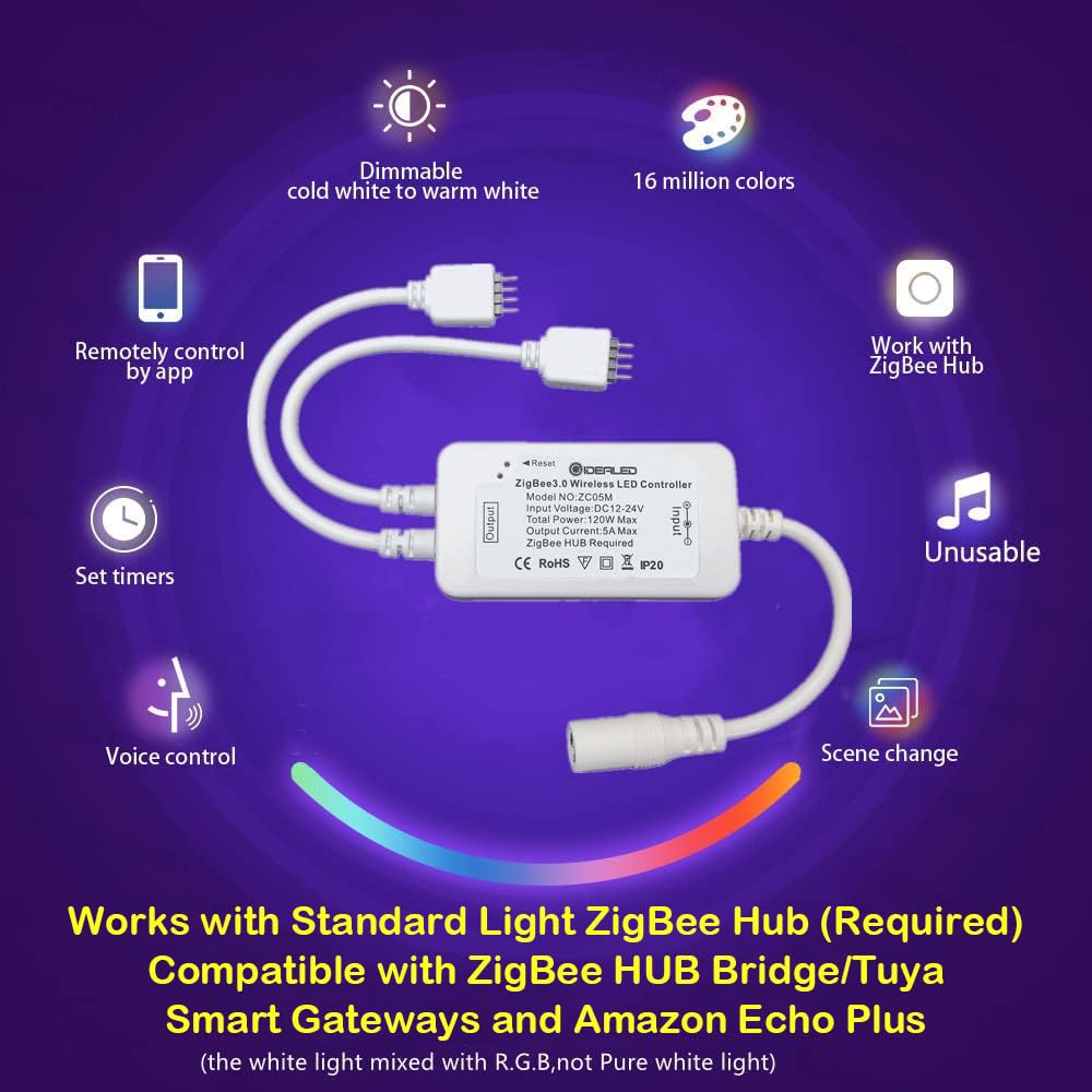 GIDERWEL Smart ZigBee RGB LED Strip Lights Kit, 32.8ft, Dimmable, Voice Control, Compatible with ZigBee Hub and Alexa