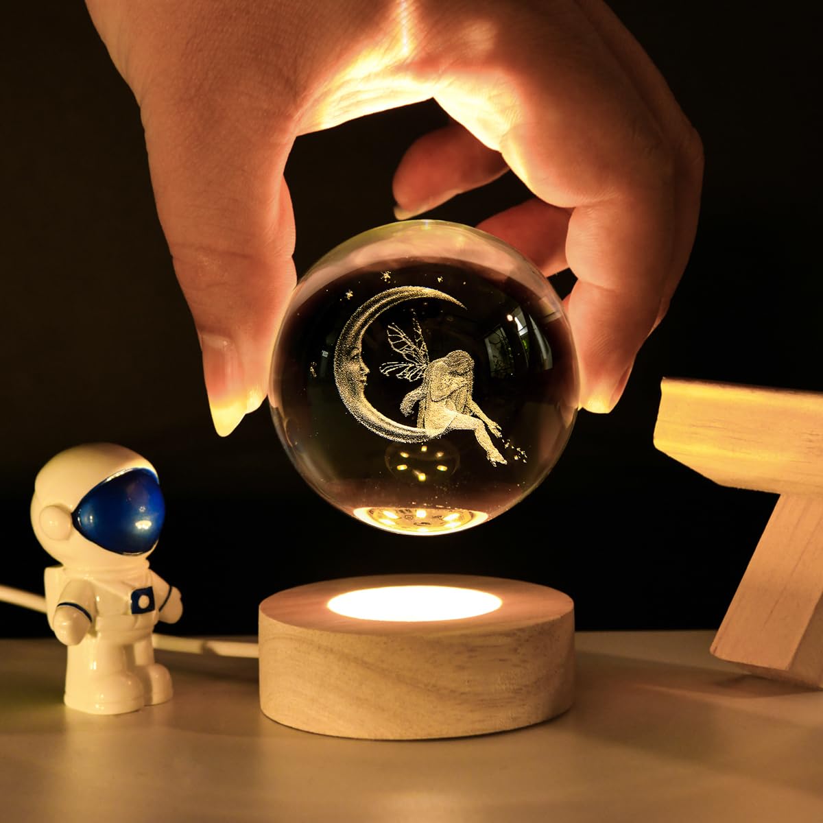 Qianchang 3D Fairy Moon Crystal Ball Night Light,Fairies Figurines Lamp,Fairy Decor Moon Girl Crystal Ball,Glass Sphere Paperwei