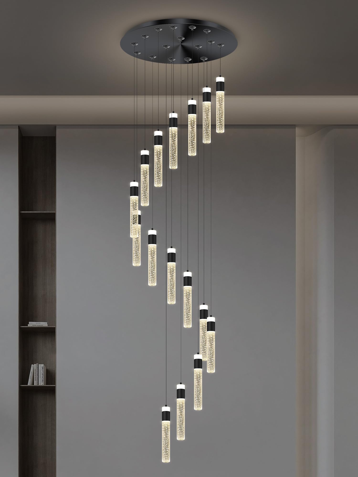 Idequy 16-Light Black Crystal Chandelier For Foyer Entrance Loft 118'' Long Spiral Stair Bubble Crystal Chandelier For High Ceil
