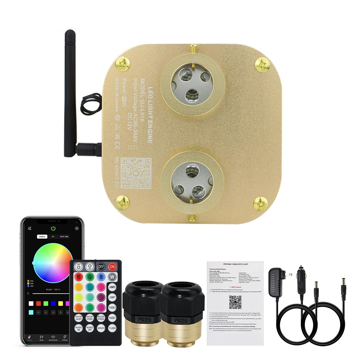 AKEPO 20W Dual-Head Twinkle Fiber Optic Light Box, APP Control, Music Activated, Gold/RGBW, Model QJ-L016