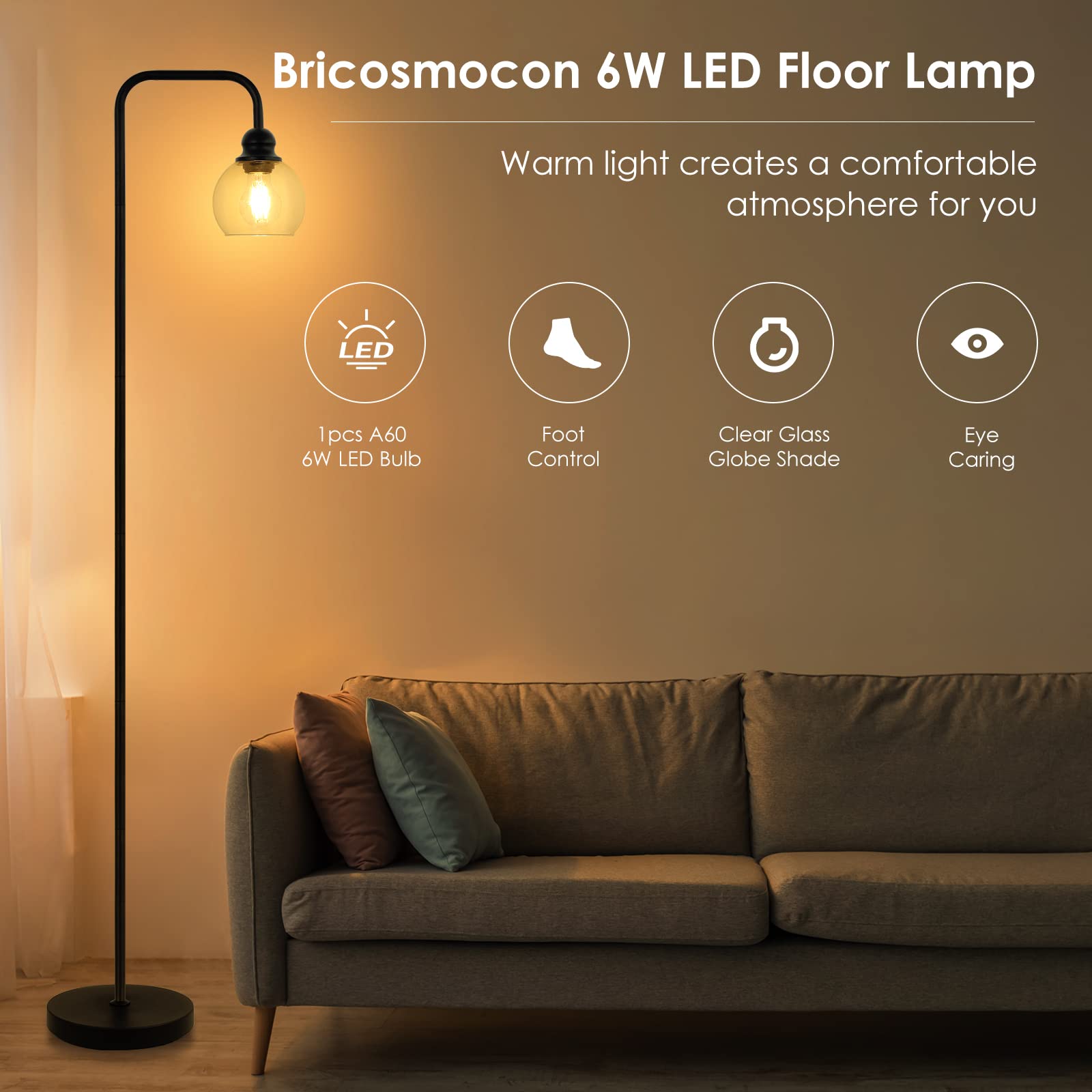 Modern Led Floor Lamp, Industrial Floor Lamps With Hanging Clear Glass Shade, Black Classic Reading Tall Lamp For Office, Standi