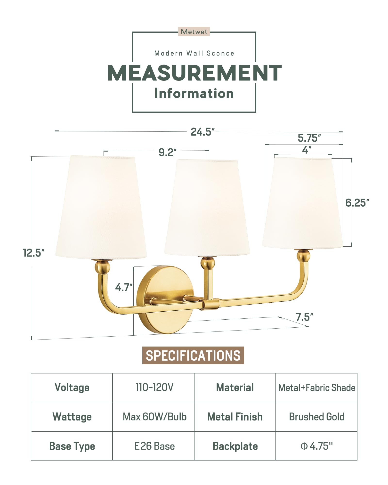 Metwet Bathroom Light Fixtures, Brushed Gold Vanity Lights With Flared White Fabric Shade, 3 Light Wall Sconce, Modern Sconces W