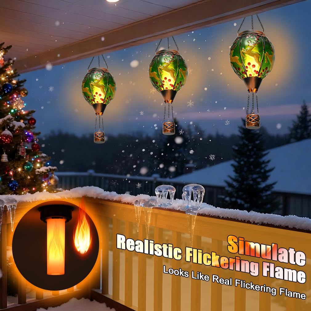Solar Powered Hot Air Balloon Lantern - Christmas Reindeer Glass Lantern  Simulated Flickering & Dancing Flame  Outdoor Hanging Yard Light Waterproof Ip65 For Patio Lawn Porch Xmas Decor Gift