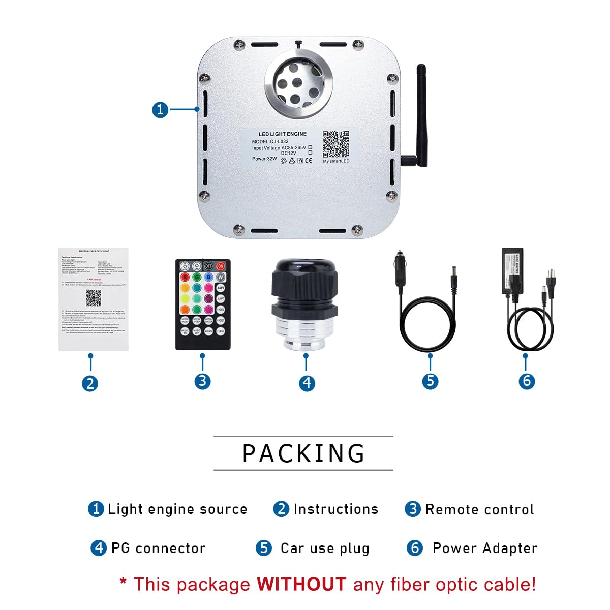 AKEPO Fiber Optic Light Engine, Bluetooth Control, Music Activated, 32W Twinkle, Multicolor, Model QJ-L032