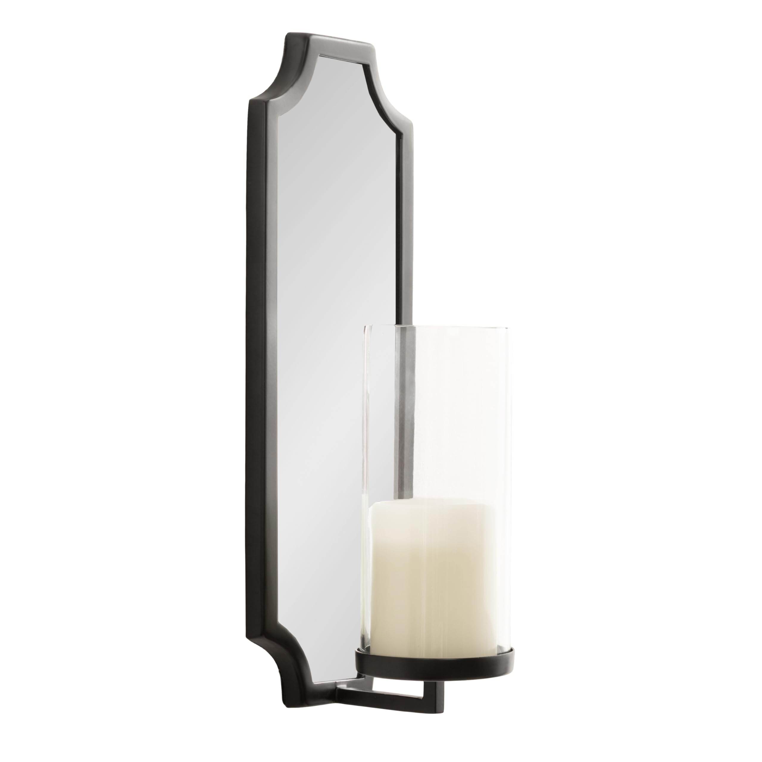 Kate and Laurel Ciel Glam Mirrored Wall Sconce, 6 x 5 x 16, Black, Modern Scalloped Candle Holder with Removable Glass Cylinder 