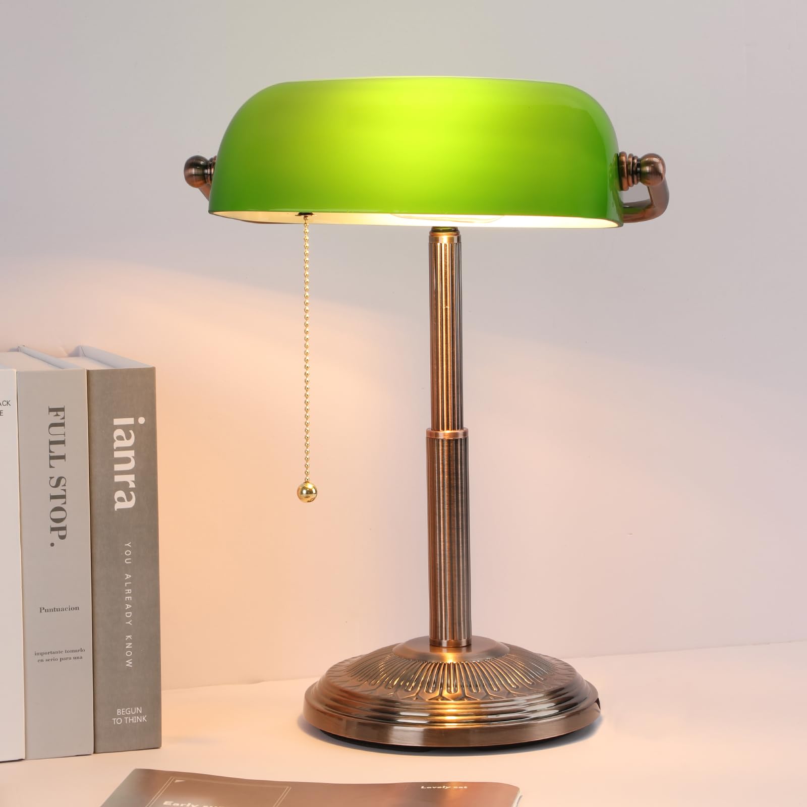 Linnmon Bankers Desk Lamp, Green Retro Lamp, Vintage Lamp With Pull Chain Switch For Home Office, Led Bulb Included (Copper+Gree