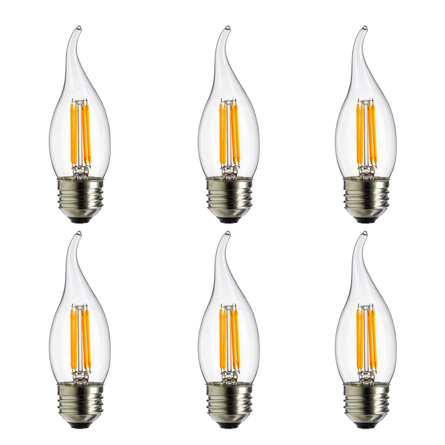 Sunlite LED Filament CA11 Flame Tip Chandelier Bulb, Dimmable, 4W (40W Equivalent), Medium E26 Base, 6 Pack, 1800K Candle-Light