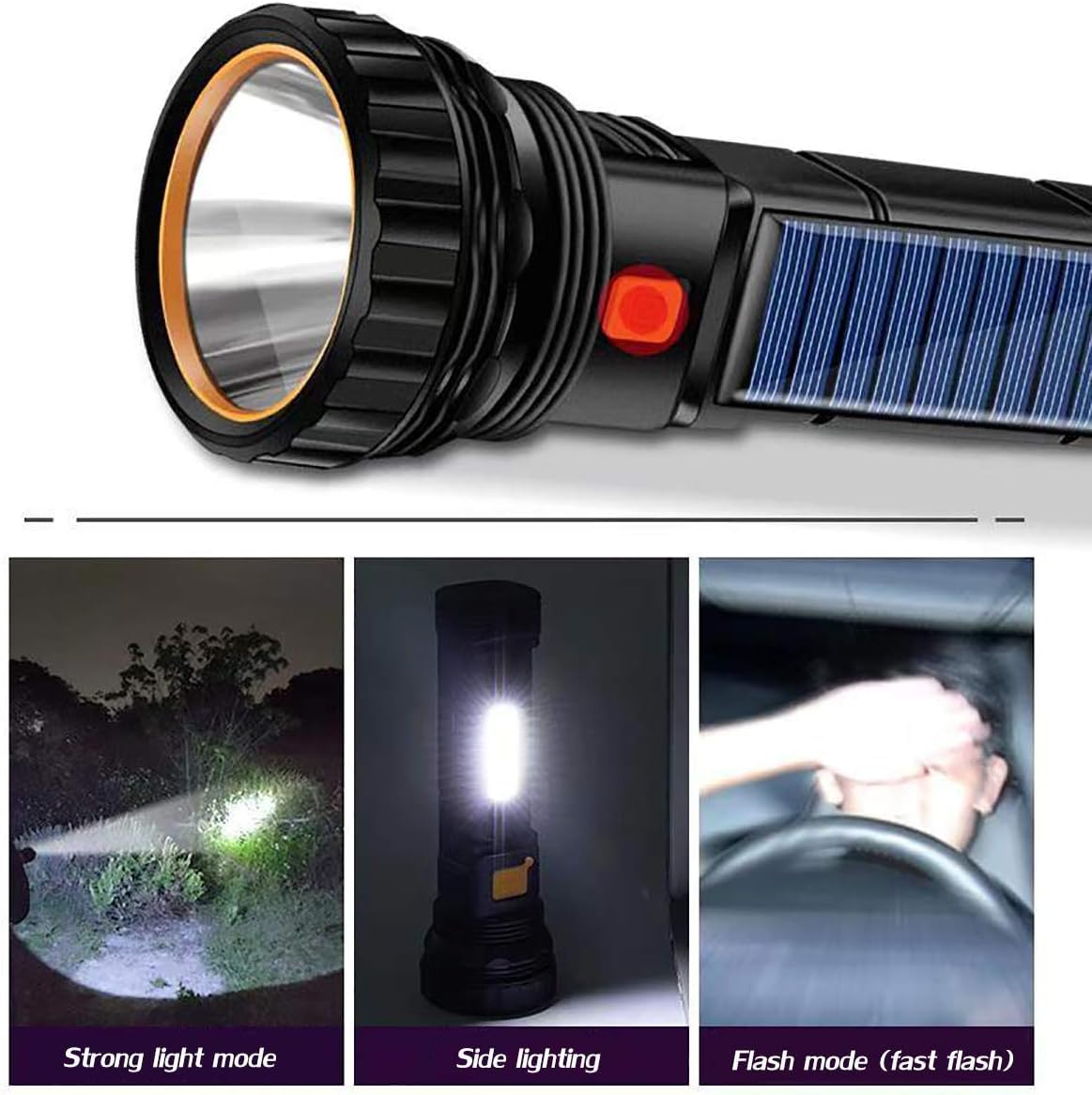 E-Shidai Solar/Rechargeable Multi Function 1000 Lumens Led Flashlight, With Emergency Strobe Light And 1200 Mah Battery, Emergen