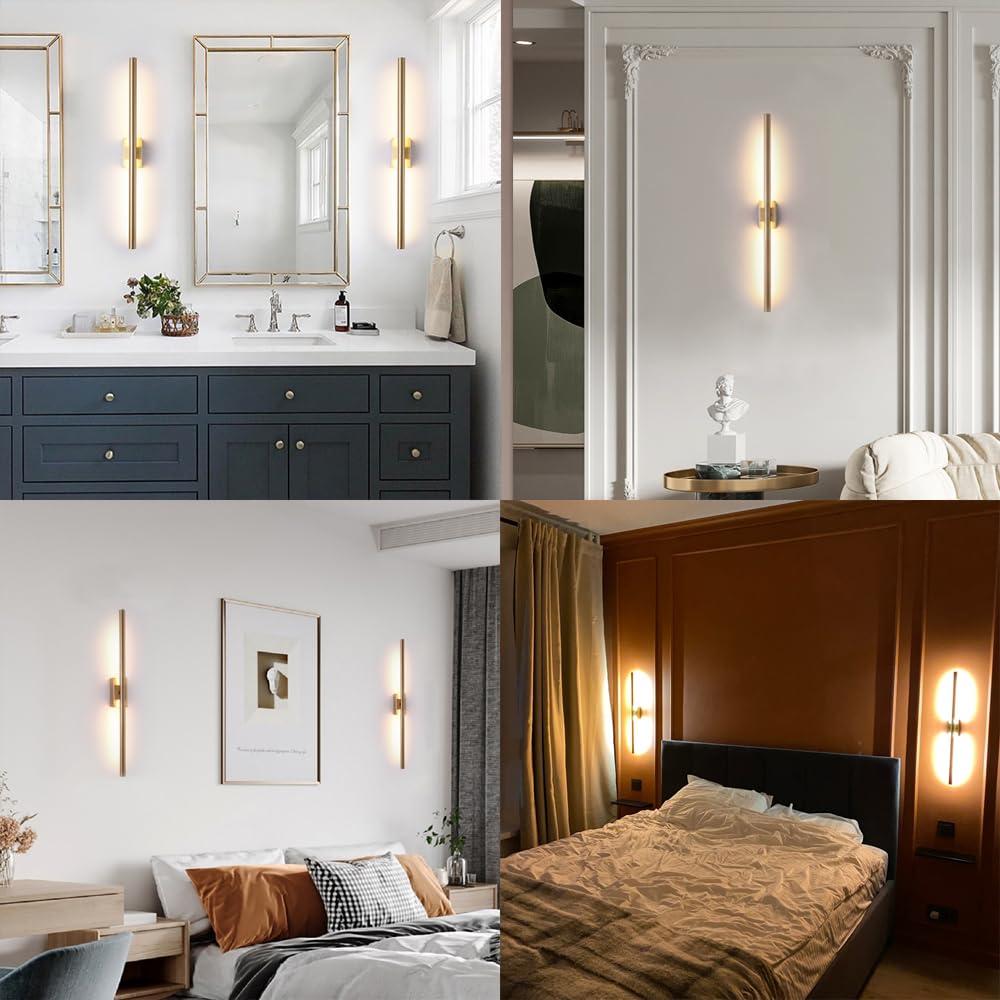 Reddragon Lighting Modern Gold Wall Sconce Set of 2, 24 Inch Hardwired Dimmable Tube Light for Bathroom, Foyer & Bedroom