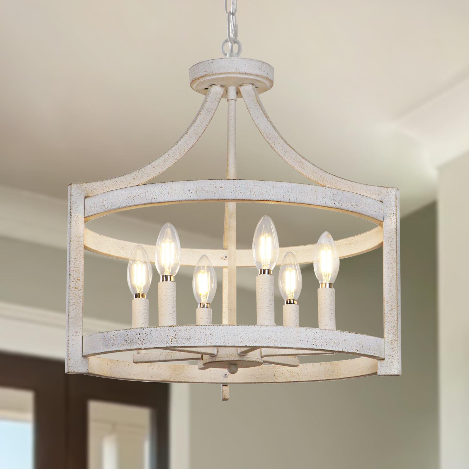 Kmaipem Farmhouse Chandelier, 6-Light Vintage White Chandeliers For Dining Room, Convertible Semi Flush Mount Ceiling Light, Met