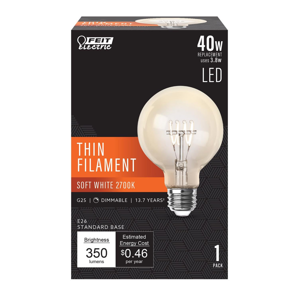 Feit Electric G25 Led Bulb, Soft White, 40W Equivalent, E26 Base, 1 Pack