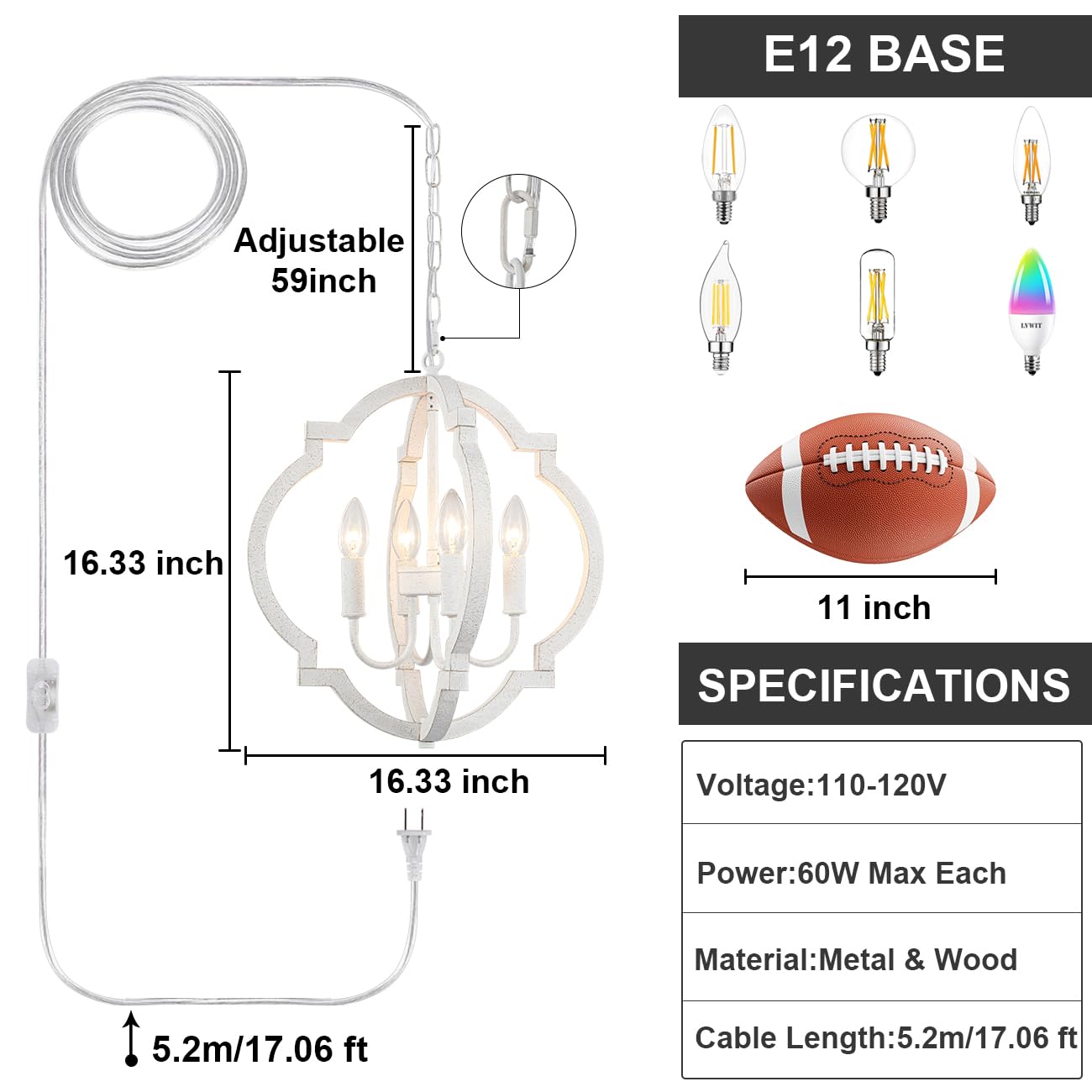 LASENCHOO 4-Light Plug-in Farmhouse Chandelier, Wood Rustic Pendant Lighting, White, Model Y5020S-4-D for Dining Room or Outdoor Use