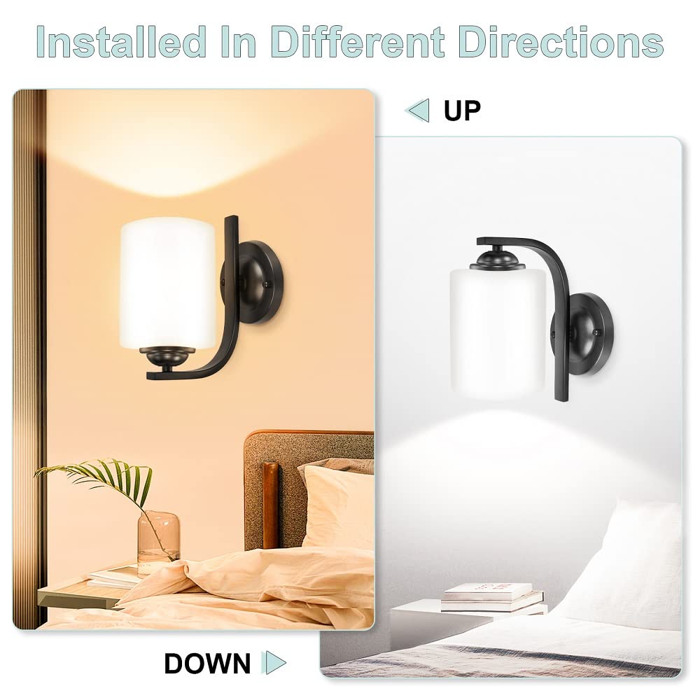 Canmeijia Modern Black Wall Sconce, 1 Light Fixture With Milky White Glass For Bathroom & Hallway