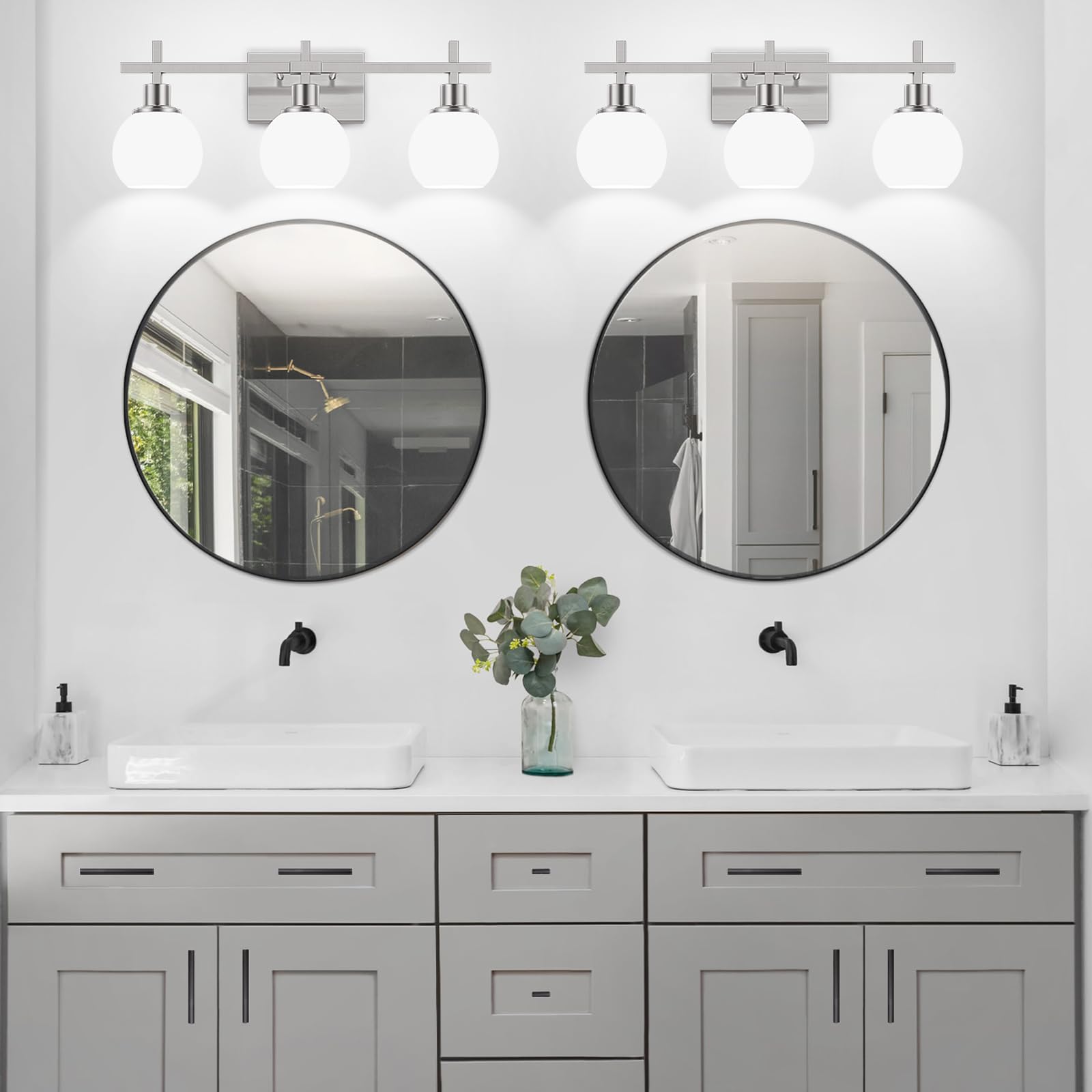 Dpyrrhic 3-Light Bathroom Vanity Lighting Fixtures, Brushed Nickel, Metal, JD-191, Milky White Glass Lampshade