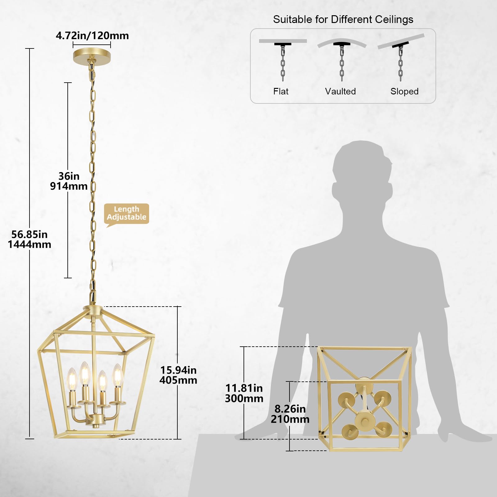 4 Light Chandelier, Industrial Ceiling Light Gold Lantern Light Fixtures With Farmhouse Metal Cage Adjustable Height Rustic Geom