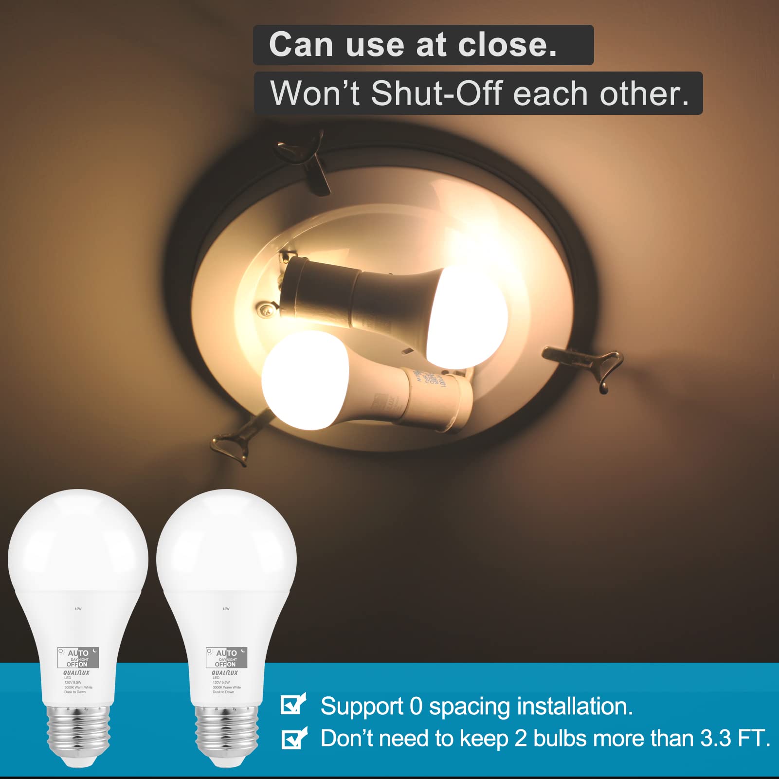 Qualilux Dusk to Dawn LED Light Bulbs, 60W Equivalent, Warm White 3000K, E26 Base, 9.5W, 850 Lumen, 2