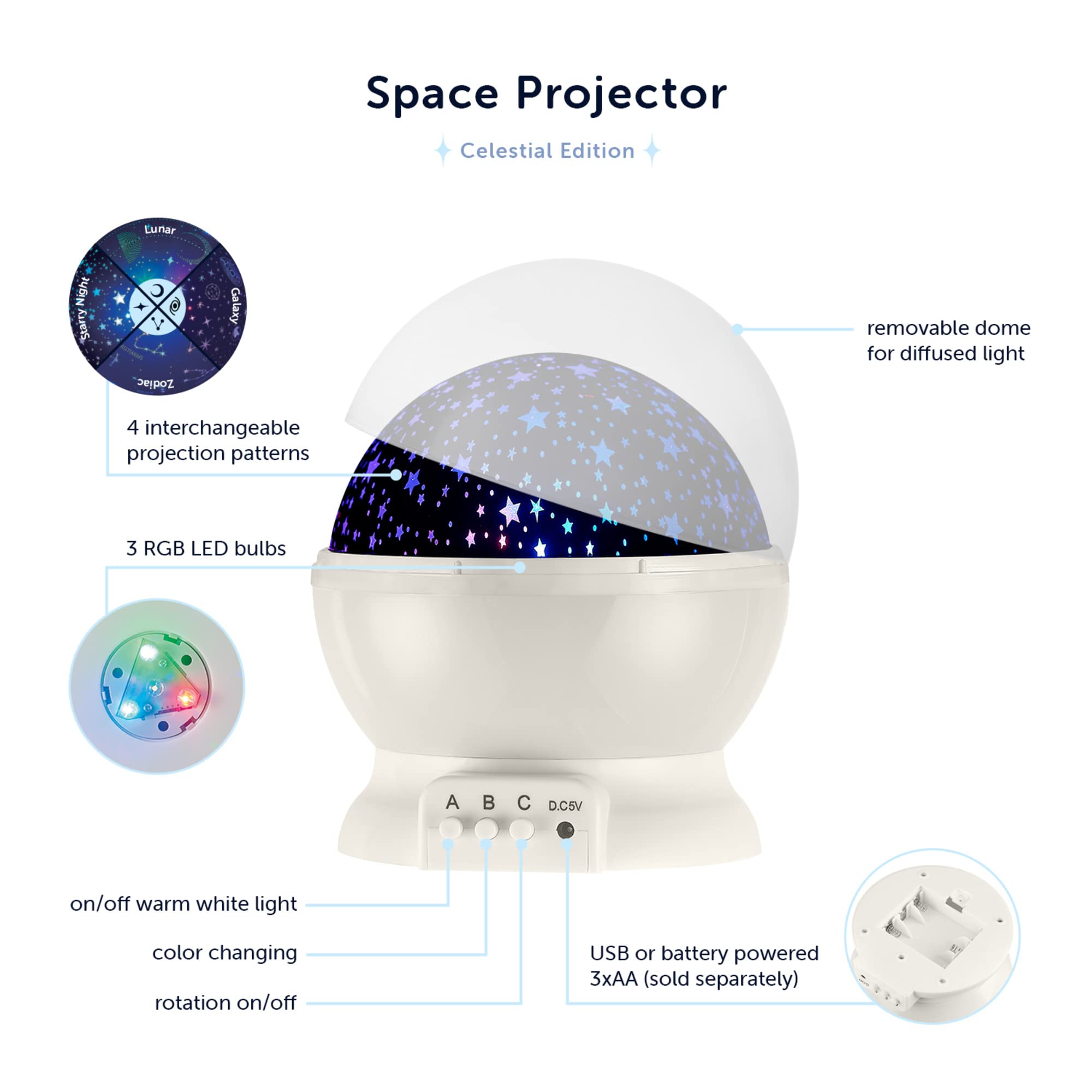 GLOBE Electric 13766 LED Color Changing Space Projector Night Light, Gray, 4 Patterns, USB/Battery Powered, Removable Dome Diffuser