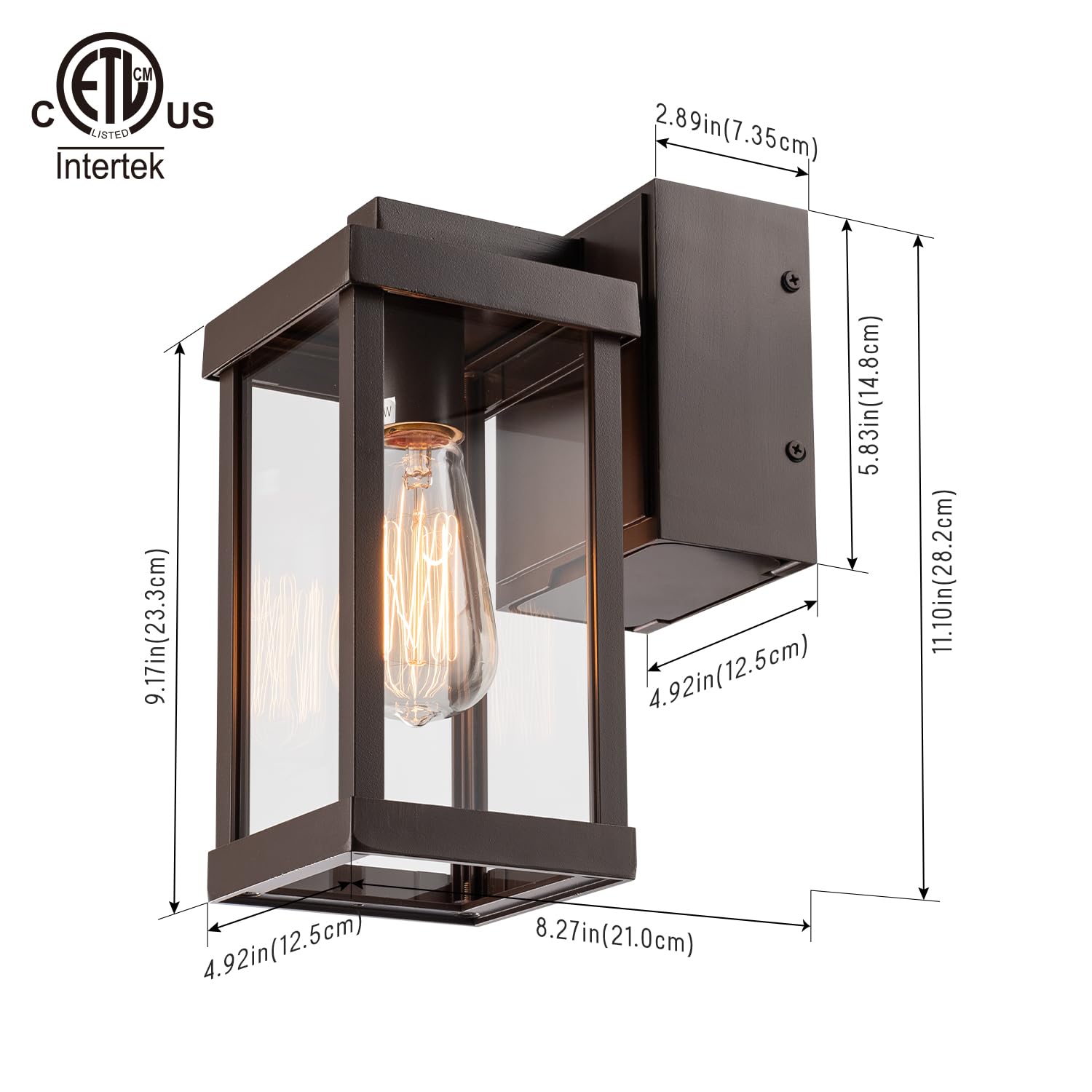 mirrea 11in Outdoor Wall Sconce, Waterproof Metal Frame, Clear Glass Shade, Oil Rubbed Bronze, Model BH012