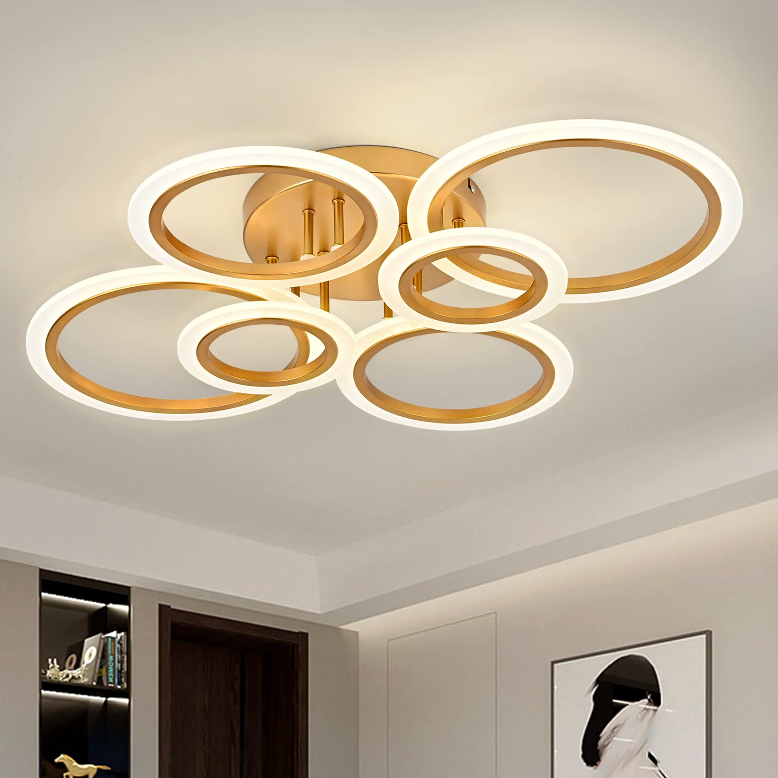 Teminbu Modern Led Ceiling Light, Gold 6 Rings Flush Mount Ceiling Light, 4000K Lighting Fixture Ceiling Lamp For Kitchen, Bedroom, Living Room, Laundry Room