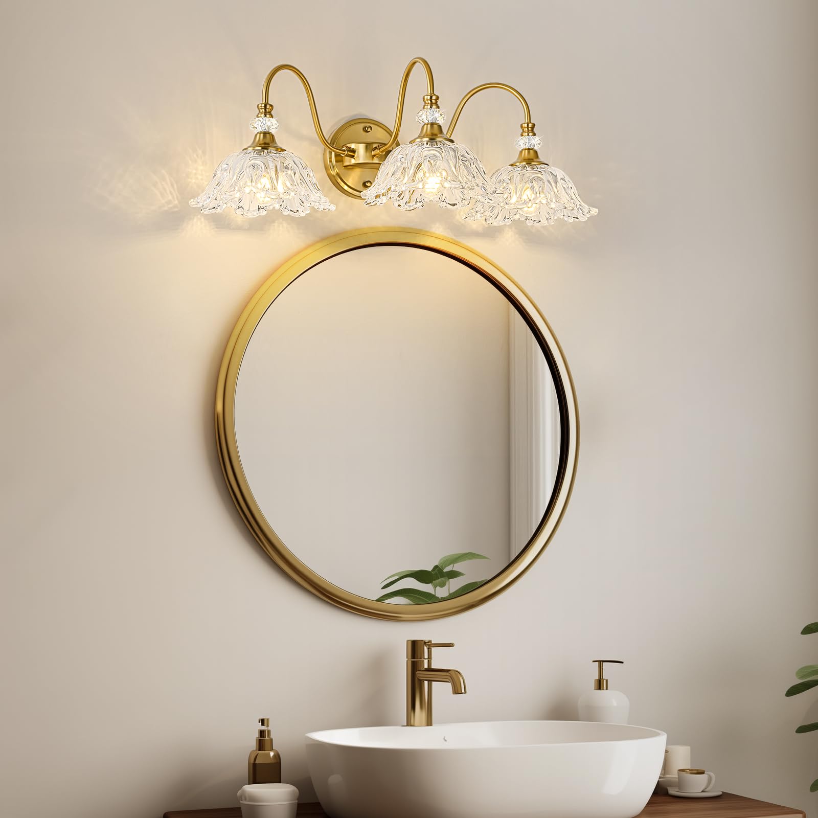 sunkryster 3-Light Gold Bathroom Vanity Light, Brushed Gold Finish with Floral Clear Glass Shades, Model Sun-104AB-3-Gold