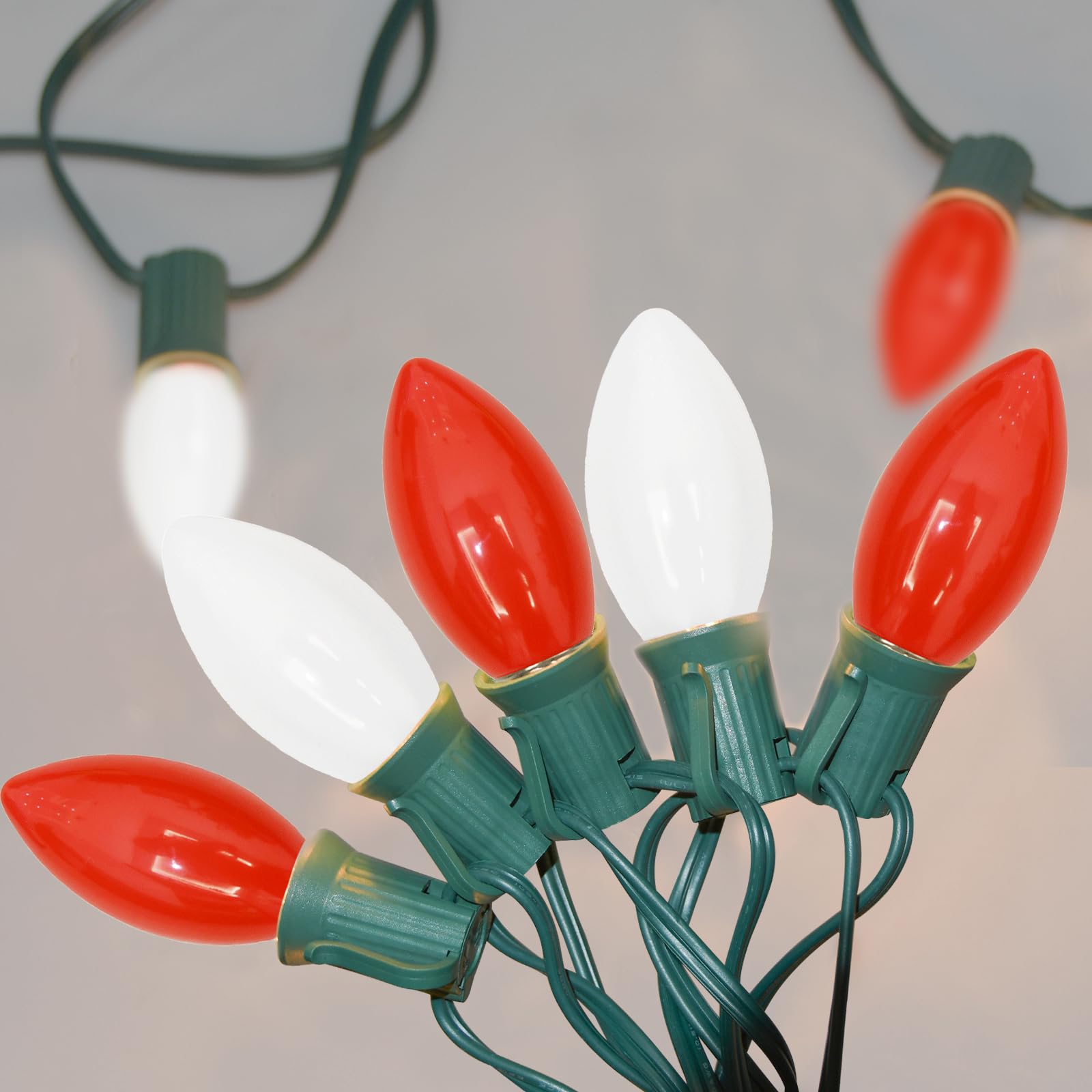 C9 LED Christmas Lights Outdoor, 25ft Vintage Christmas Lights with 26 LED Red White Plastic Lights(1 Spare), Colored Christmas 