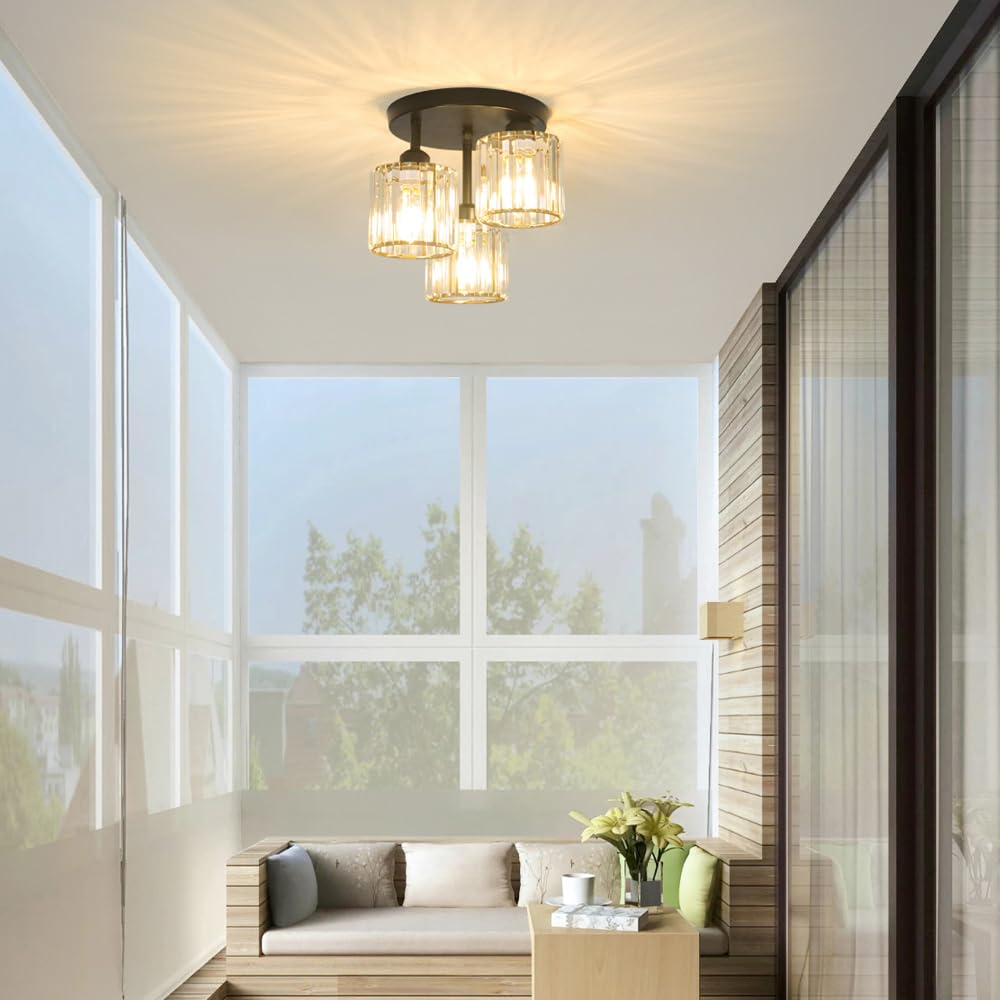 Crystal Semi Flush Mount Ceiling Light, 3-Light Modern Close To Ceiling Light Fixtures, Black Kitchen Light Fixtures With Clear