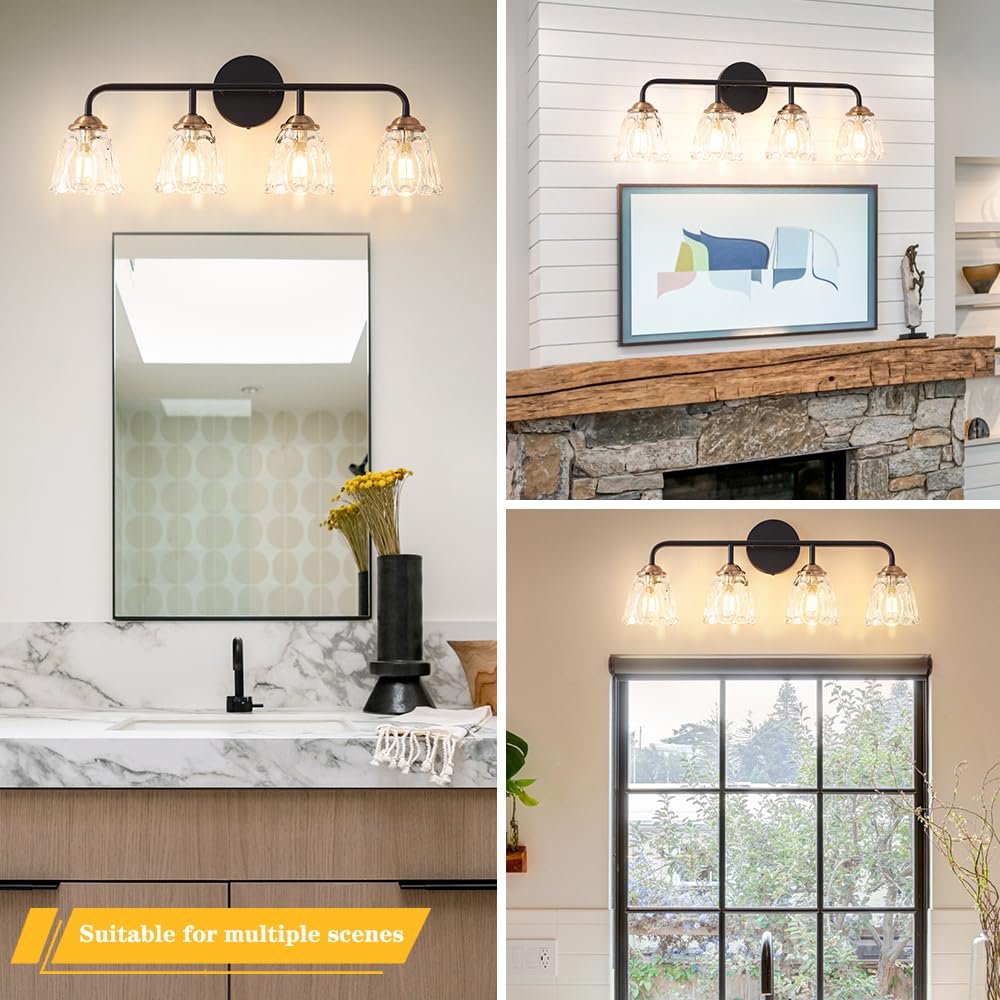 Daunton 4-Light Vintage Vanity Light, Black And Gold Bathroom Vanity Light Fixtures Over Mirror, Elegant Bathroom Light Fixtures