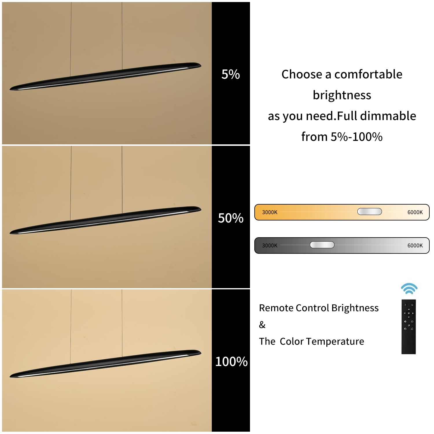 Yisdesign 51'' Wood Linear Pendant Light Black Linear Pendant Dinning Room Hanging Lights Led Dimmable Chandeliers 36W For Dinin