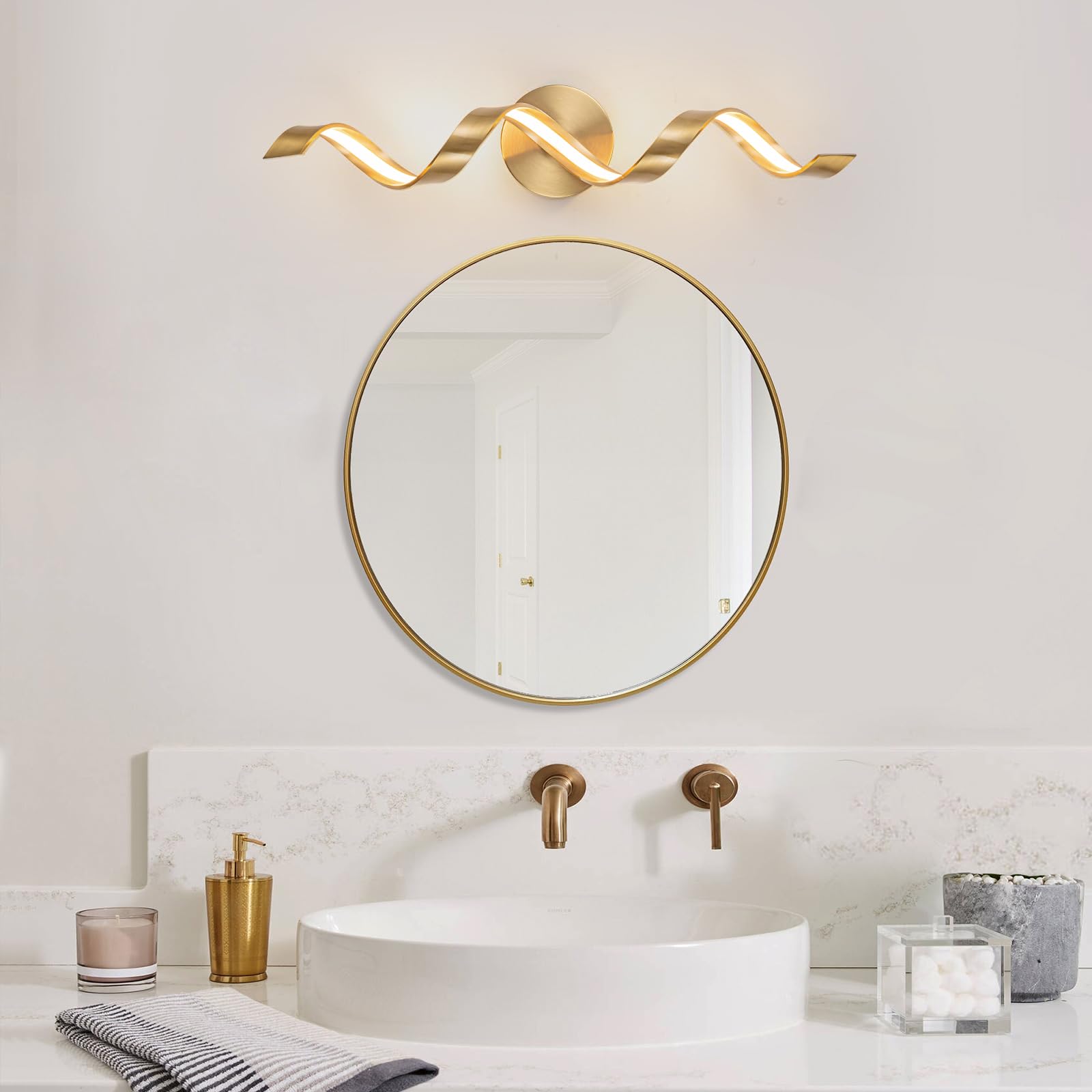 Huoku 24" Dimmable Gold Led Bathroom Light, Modern Spiral Vanity Fixture, 15W Warm Light