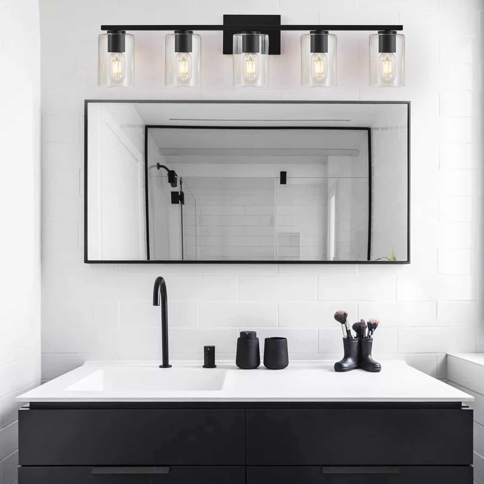 Drnanlit 5-Light Bathroom Light Over Mirror,Modern Vanity Lights With Clear Glass,Matte Black Metal Bathroom Lighting Fixture Fo
