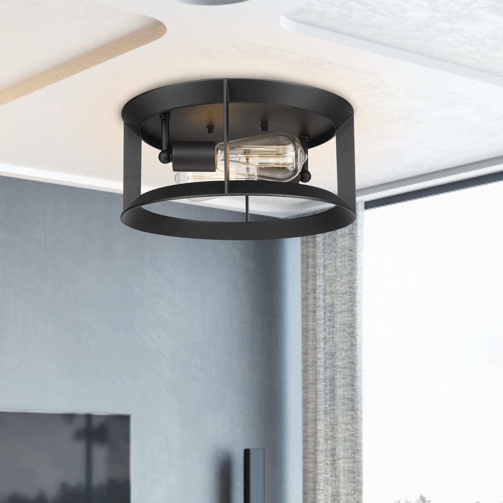 Darkaway Flush Mount Ceiling Light, 2-Light E26, Industrial Metal, Matte Black, Model 6X14F BK, for Indoor/Outdoor Use