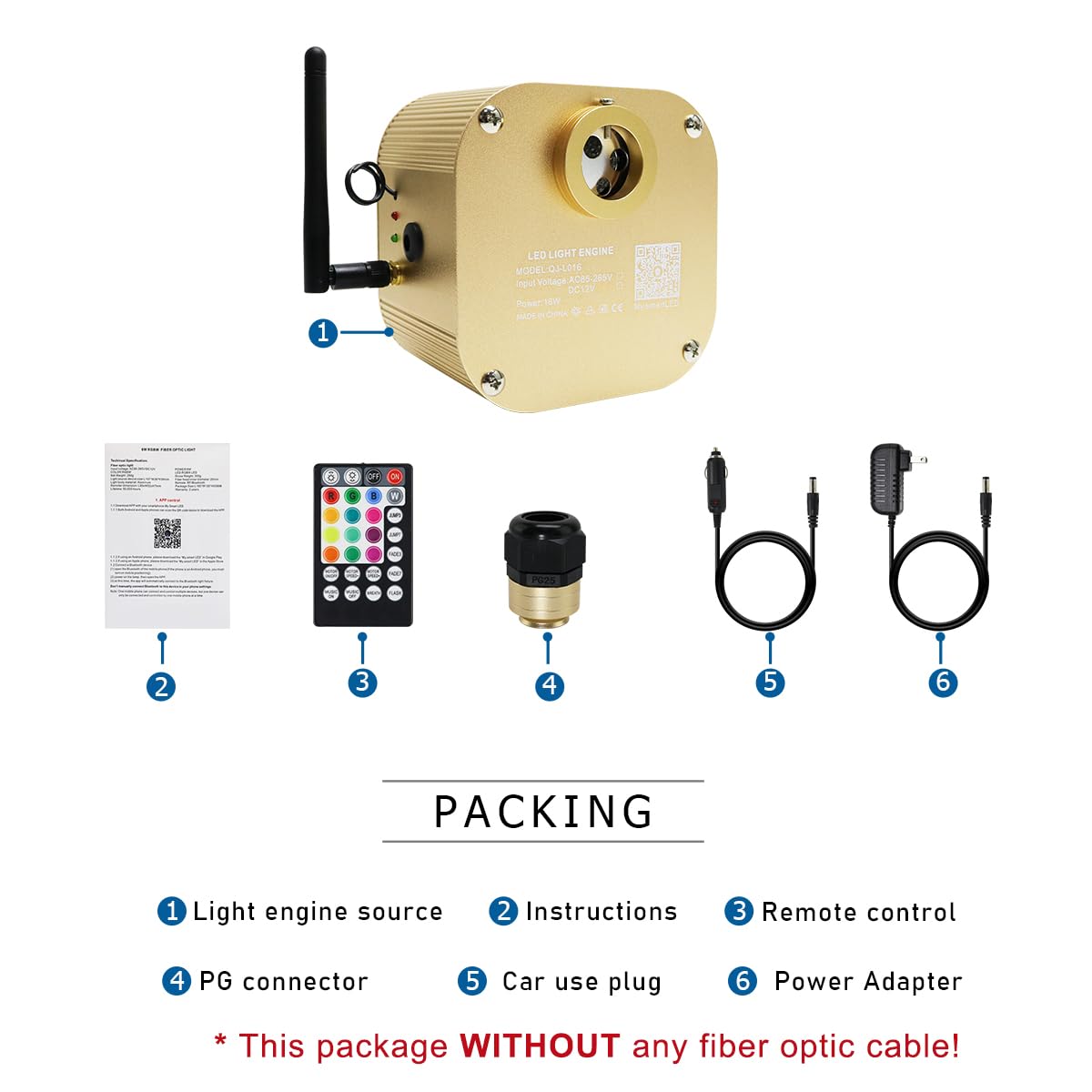 AKEPO 16W Twinkle Fiber Optic Light Engine, Bluetooth Control, Music Activated, Gold, Model QJ-L016