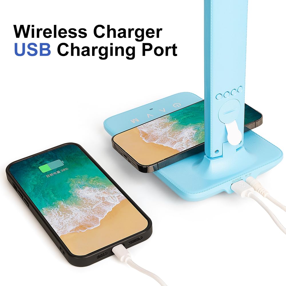 wanjiaone LED Desk Lamp with Wireless Charger, USB Port, Clock, Phone Holder, Blue, Model TX26C0