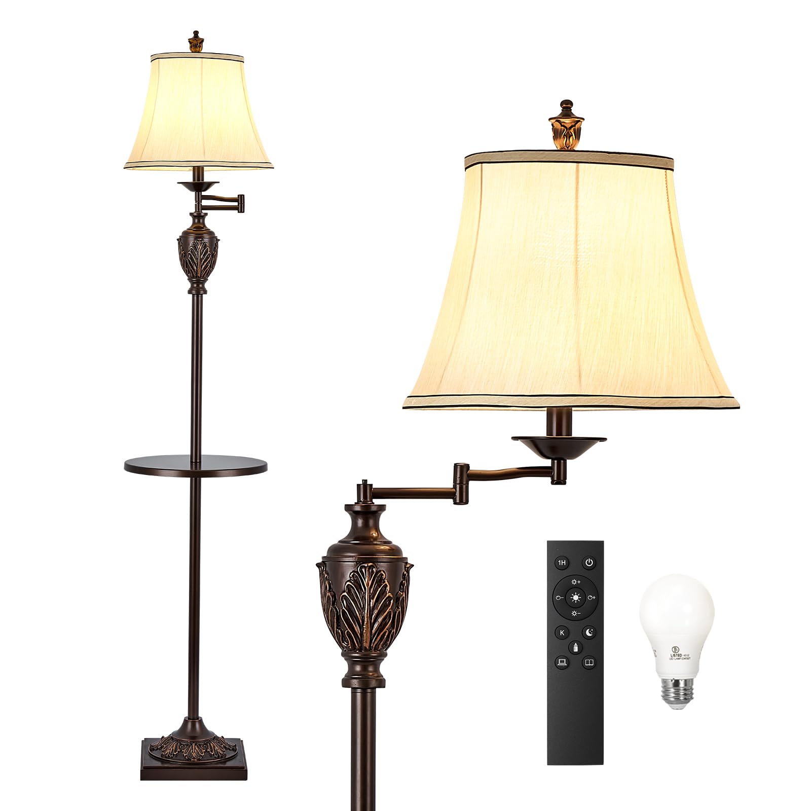 Traditional LED Floor Lamp with 350? Adjustable Swing Arm Lamp - Vintage Standing Pole lamp for Living Room, Bedroom and Office 