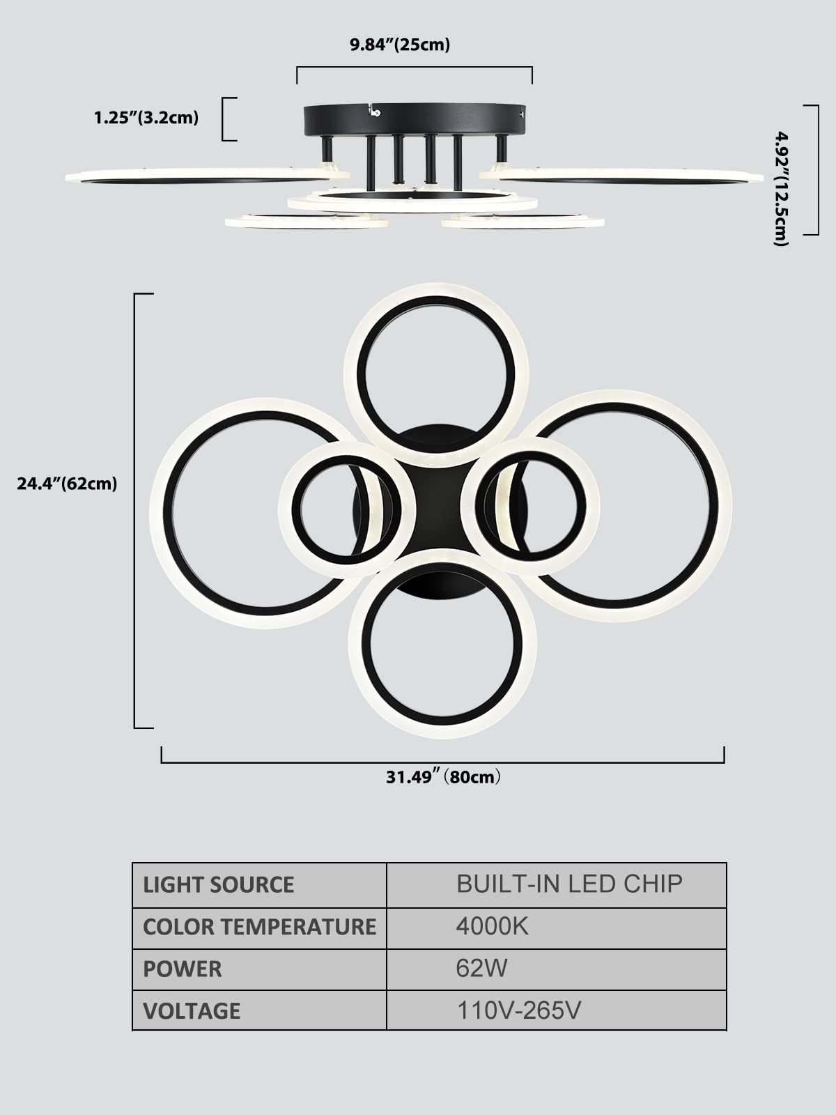 Vikaey Modern LED Flush Mount Ceiling Light, 6-Light Black Fixture for Kitchen, Living Room, Bedroom, Model VG20220825001