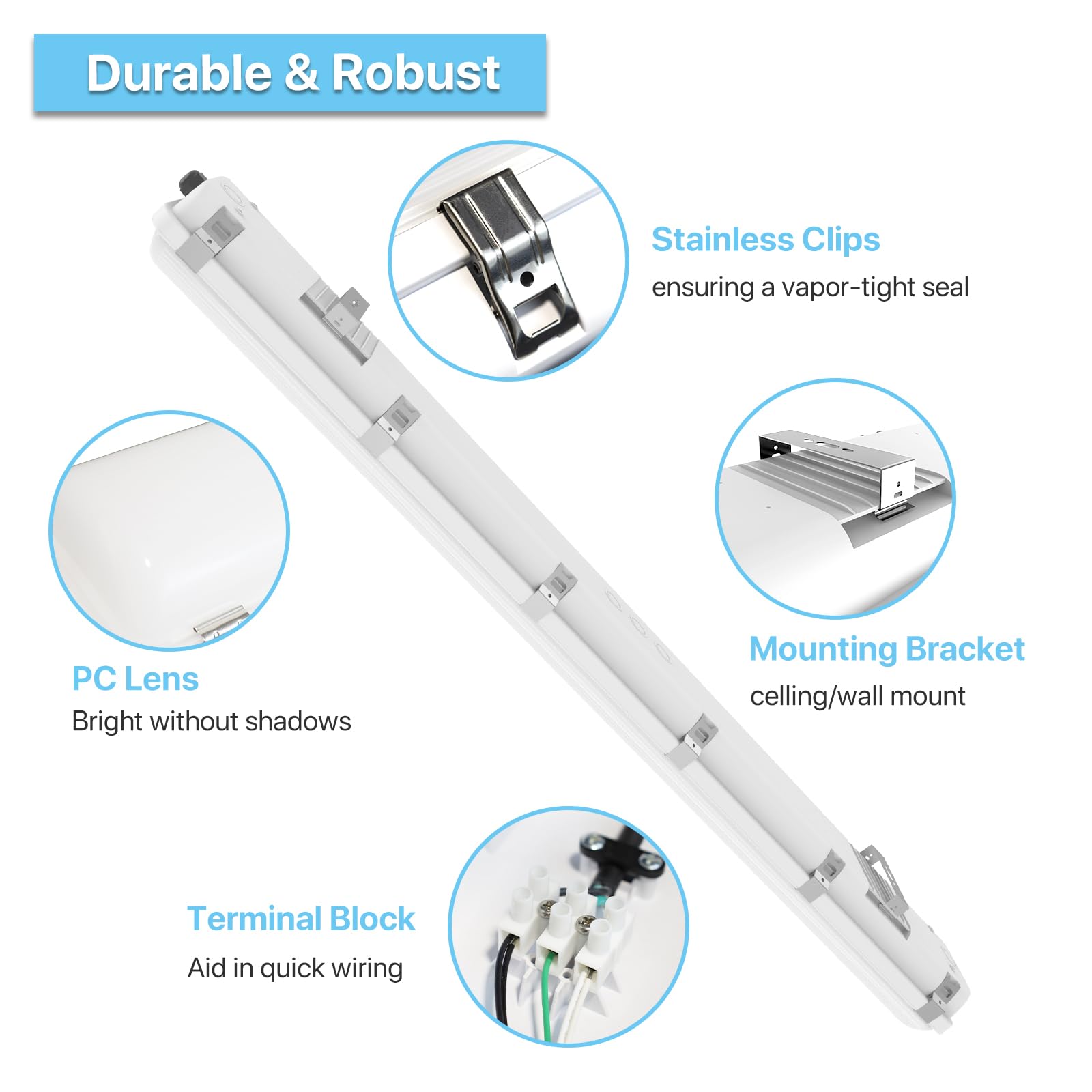 HYPERLITE LED Vapor Tight Light 60W, 5000K, IP65 Waterproof, Polycarbonate, White, Capsule Series, 1 Pack