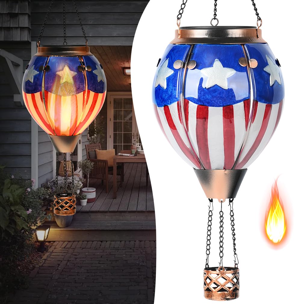 Hot Air Balloon Solar Lantern - U.S Flag Patriotic Glass Lantern  Simulated Flickering & Dancing Flame  Outdoor Hanging Yard Light Waterproof Ip65  Ideal 4Th Of July Gift For Patriot Patio Decor