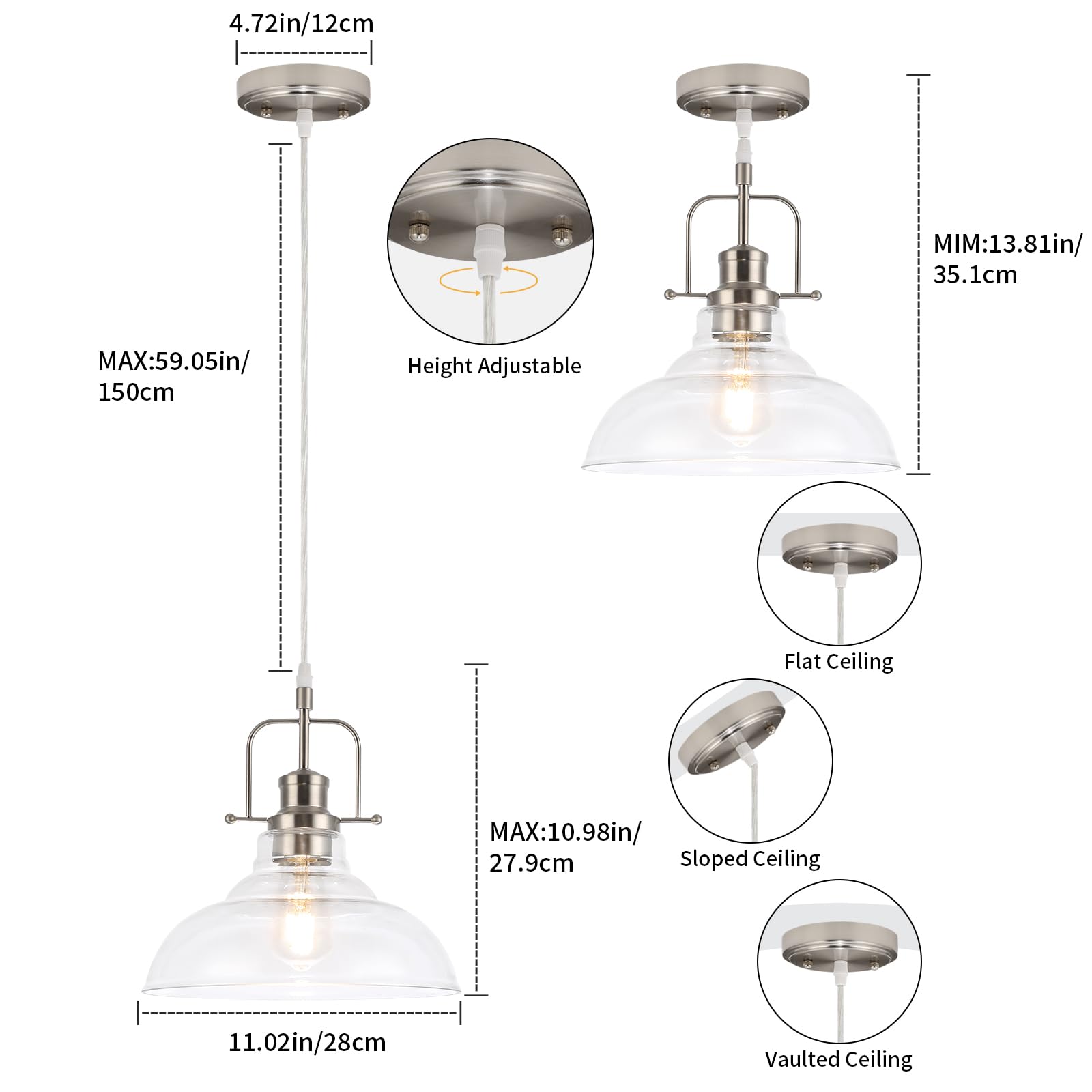 Wilon Brushed Nickel Glass Pendant Lights Kitchen Island Lighting, Modern Hanging Lamp For Sink Dining Room Over Table Hallway E