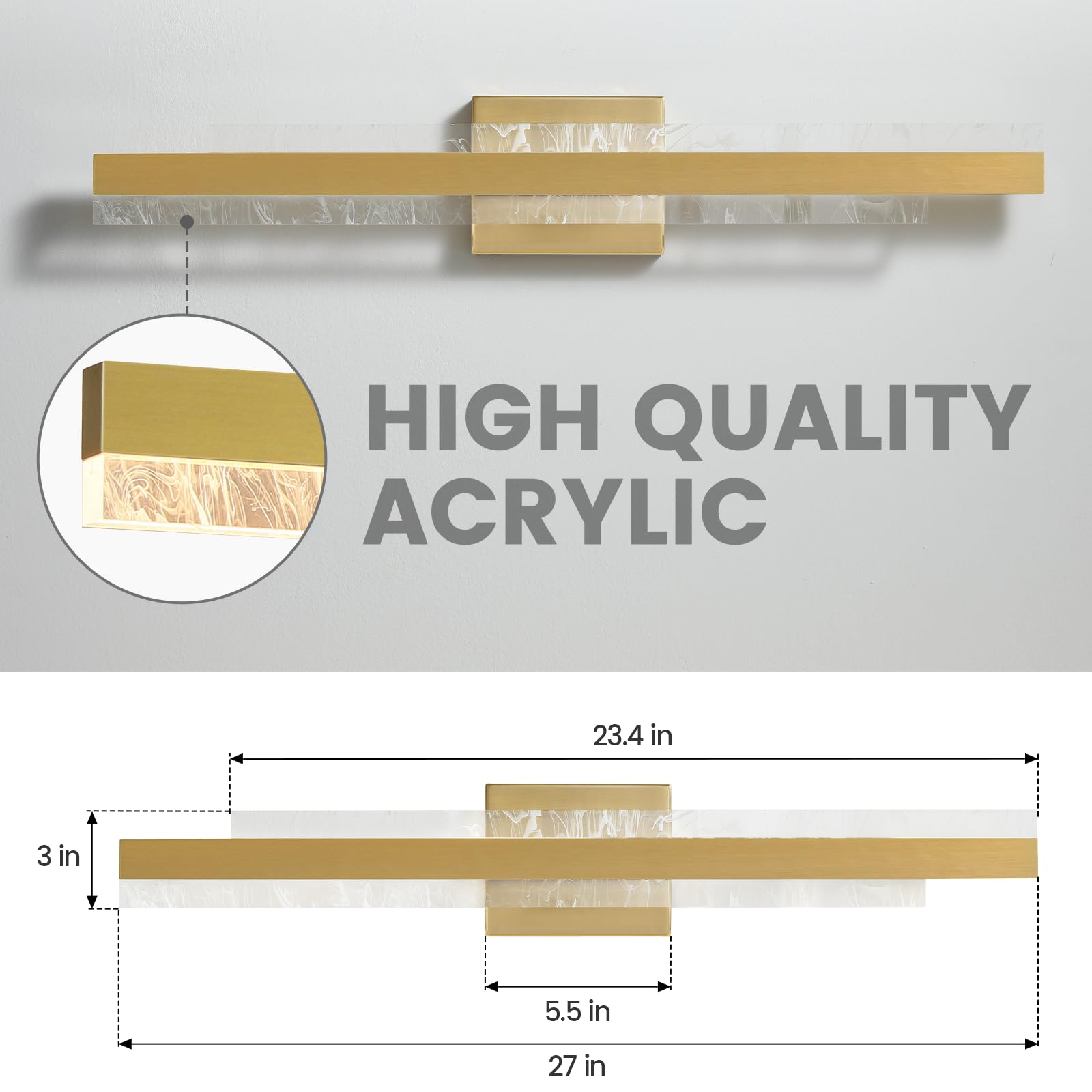 HAHZT Modern Bathroom Vanity Light - 27" Brushed Gold LED Wall Sconce, Dimmable, Model 8075WL, Ideal for Mirrors and Cabinets