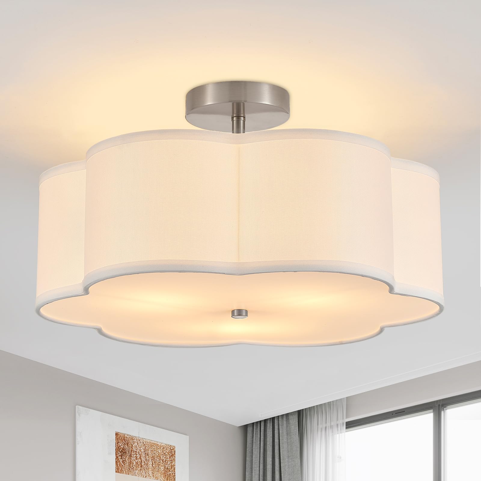 Widluth 18 Modern Semi Flush Mount Ceiling Light Modern 3-Lights Linen Drum Ceiling Lighting With Chrome Finish  Vintage Ceiling Light For Living Room  Kitchen  Basement  Laundry Room  Bedroom