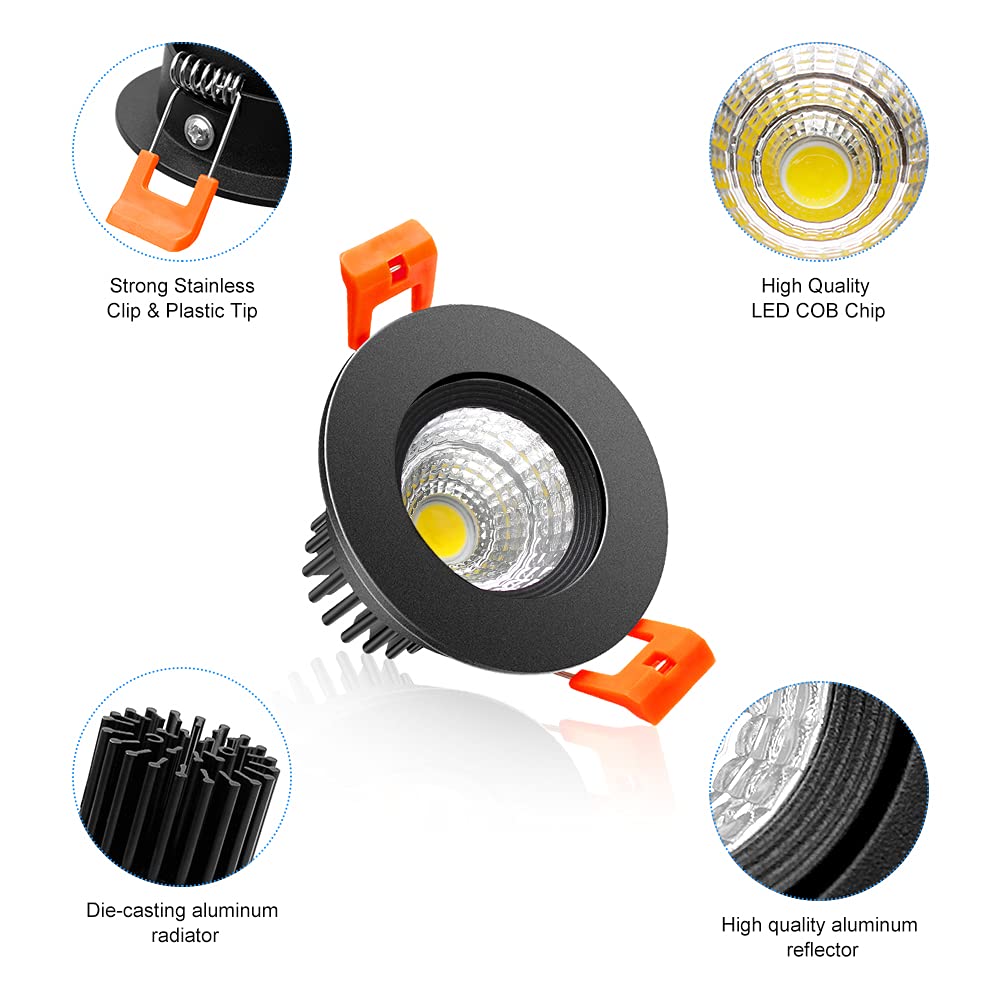 2Inch Led Recessed Ceiling Light, 3W Dimmable Led Downlight, Daylight White 5500K, 60 Beam Angle Cob Recessed Lights With Driver, 25W Halogen Bulbs Equivalent For Ceiling Lighting, Black 6Pack