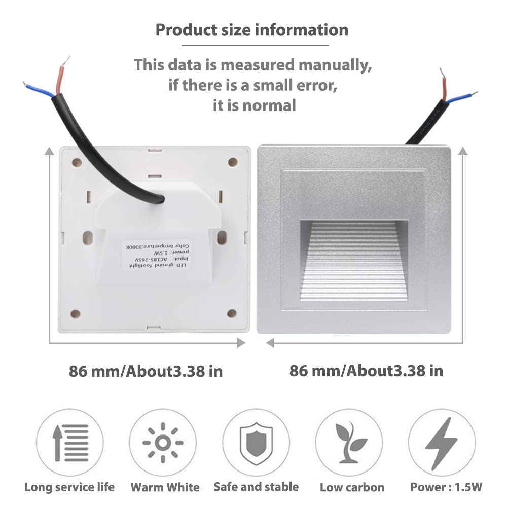 Arotelicht 4Pcs LED Step Light, Warm White 3000K, Recessed Wall Light, ABS Plastic, Silver, Model RWPS12-4